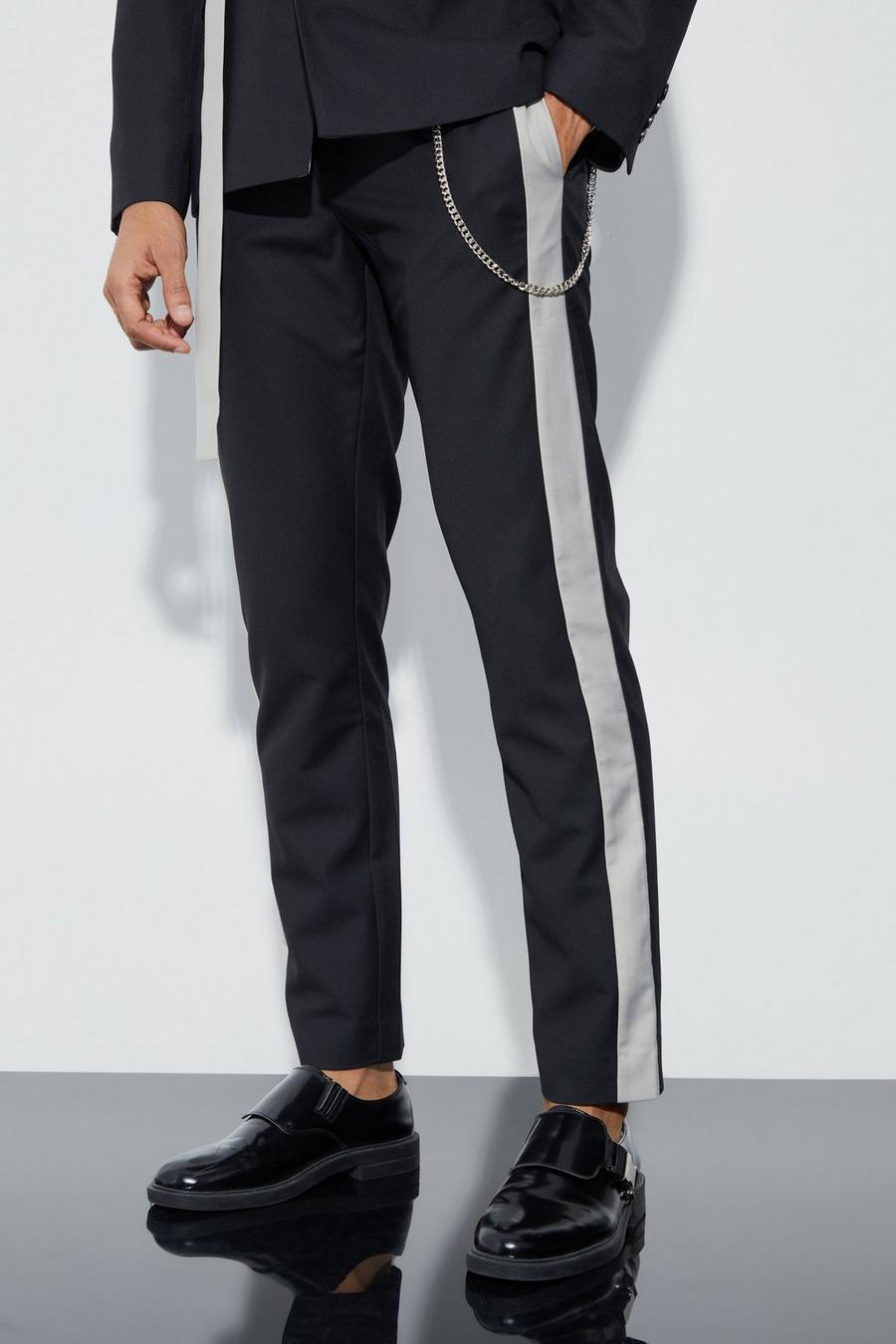 Black Slim Fit Color Block Pants With Chain