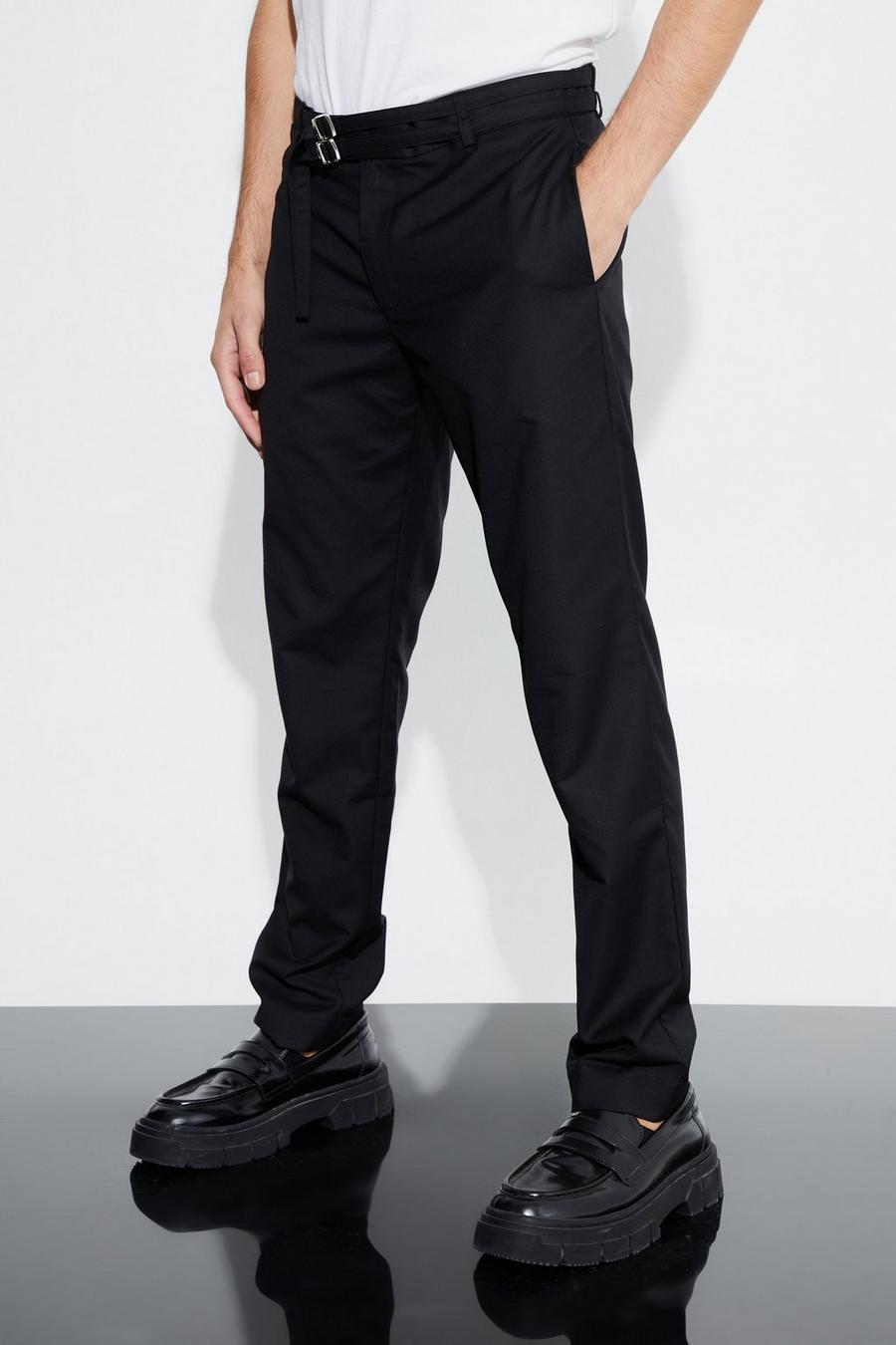 Black Relaxed Fit Trouser With Double Belt Detail image number 1