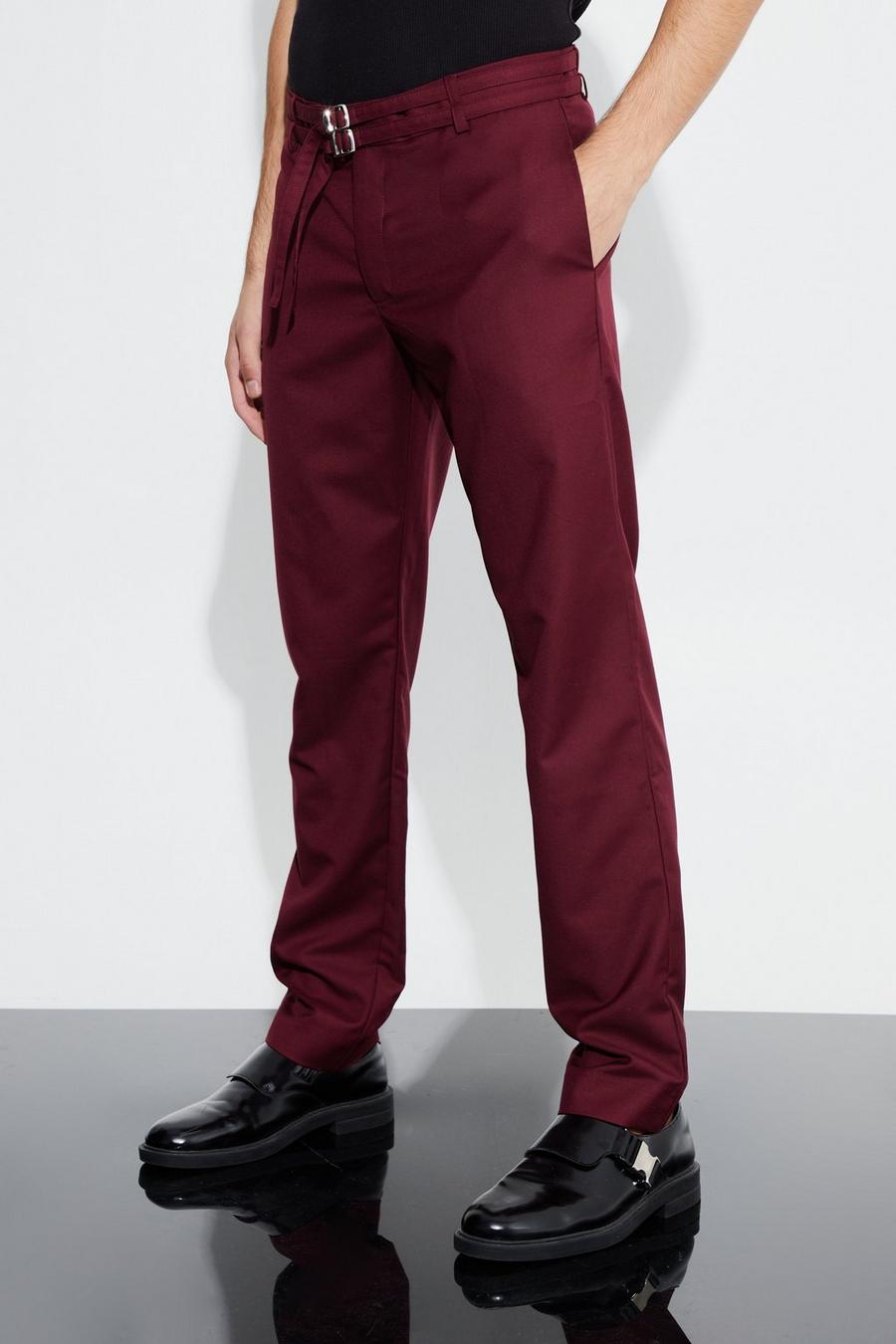 Wine Relaxed Fit Trouser With Double Belt Detail image number 1