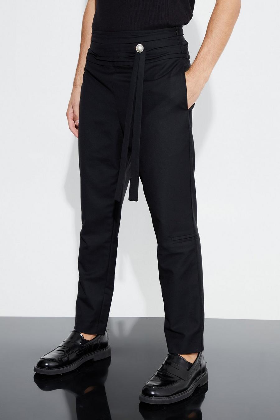 Black Relaxed Fit Trouser With Cummerbund Wrap Belt image number 1