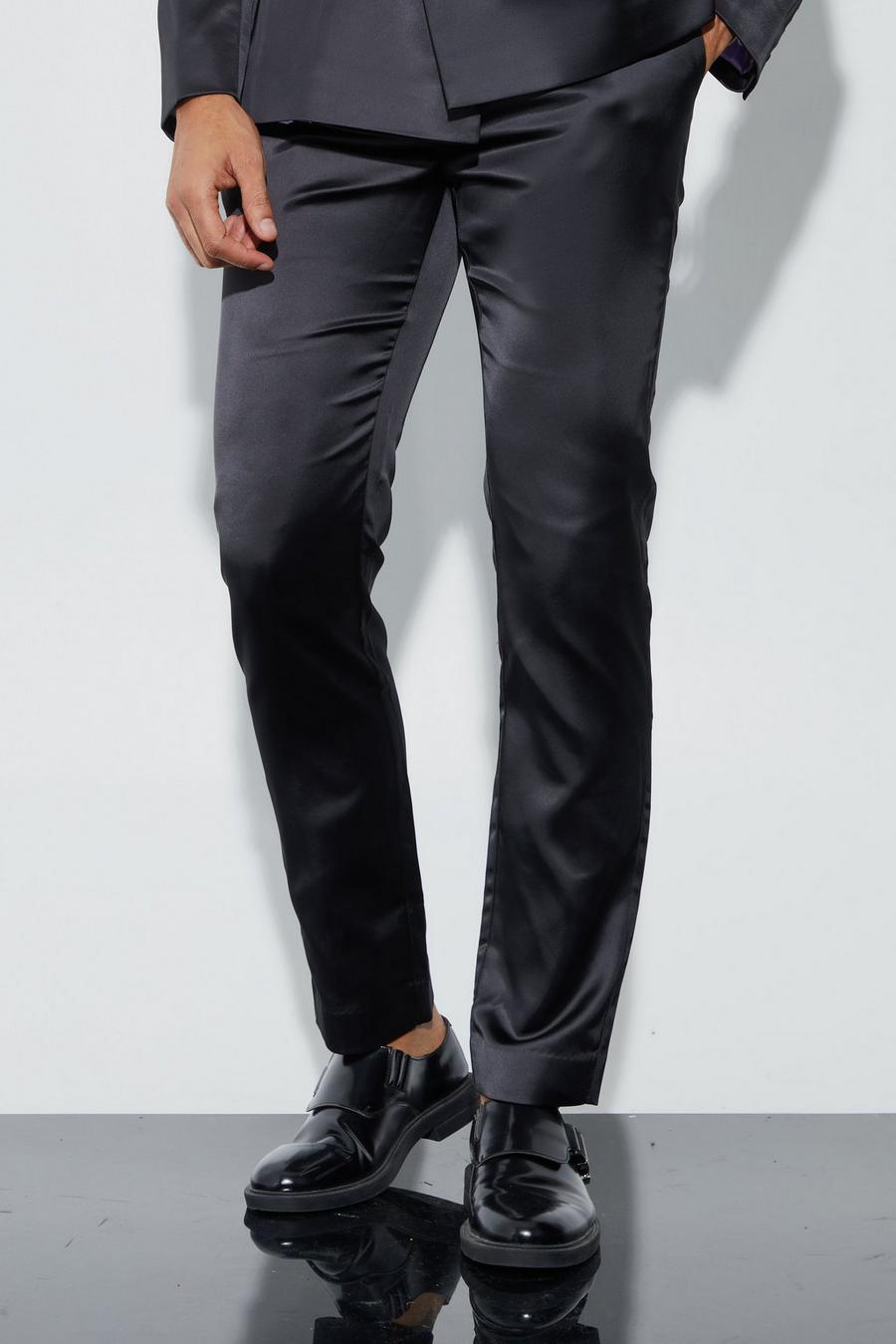 Black Skinny Fit Satin Suit Pants image number 1