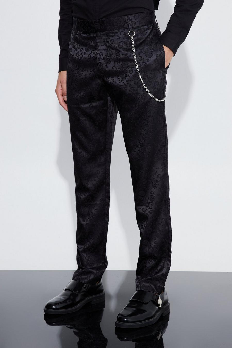 Pantalón ajustado de raso con estampado barroco y cadena, Black image number 1