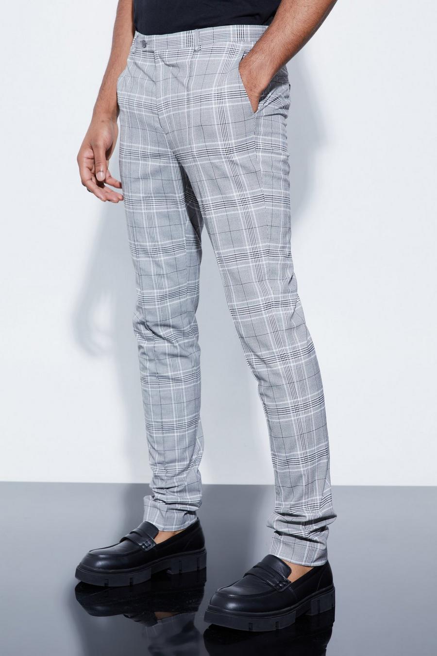 Grey Tall Skinny Fit Black Check Trouser With Pintuck