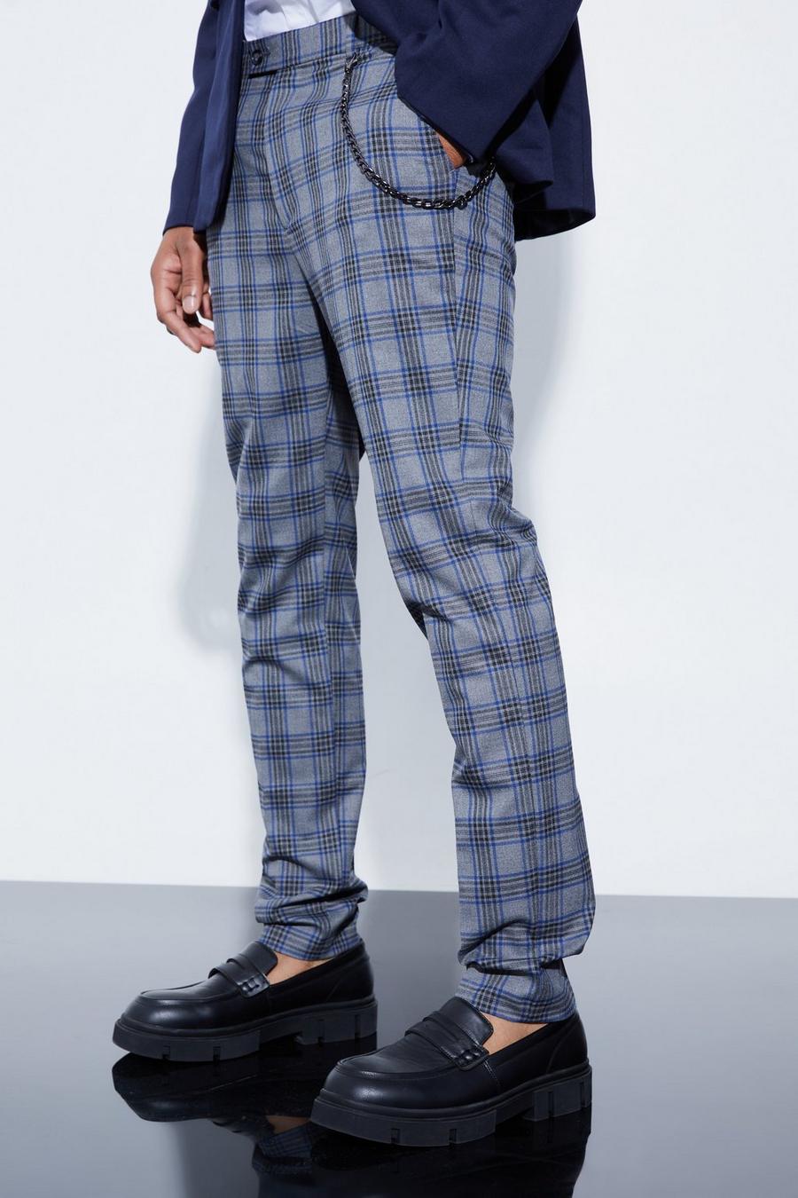 Pantaloni Tall Skinny Fit a quadri grandi con catena, Grey image number 1