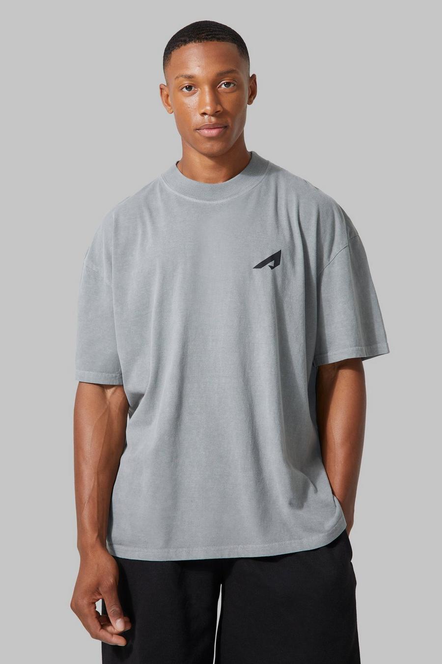 Camiseta oversize Active sobreteñida con logo, Khaki caqui
