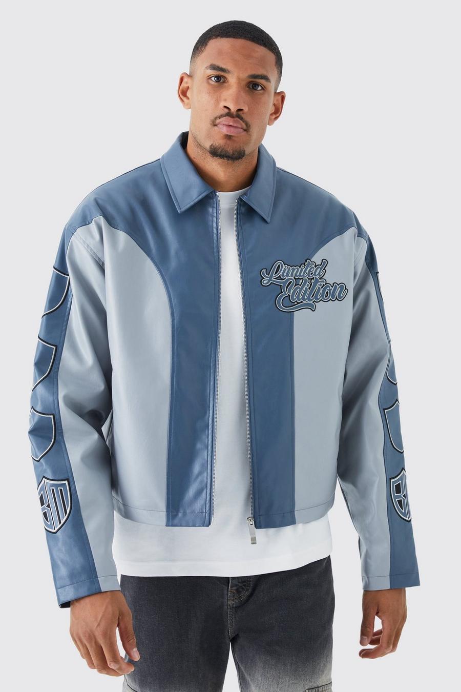 Slate Tall Boxy Pu Panelled Bomber With Badges image number 1