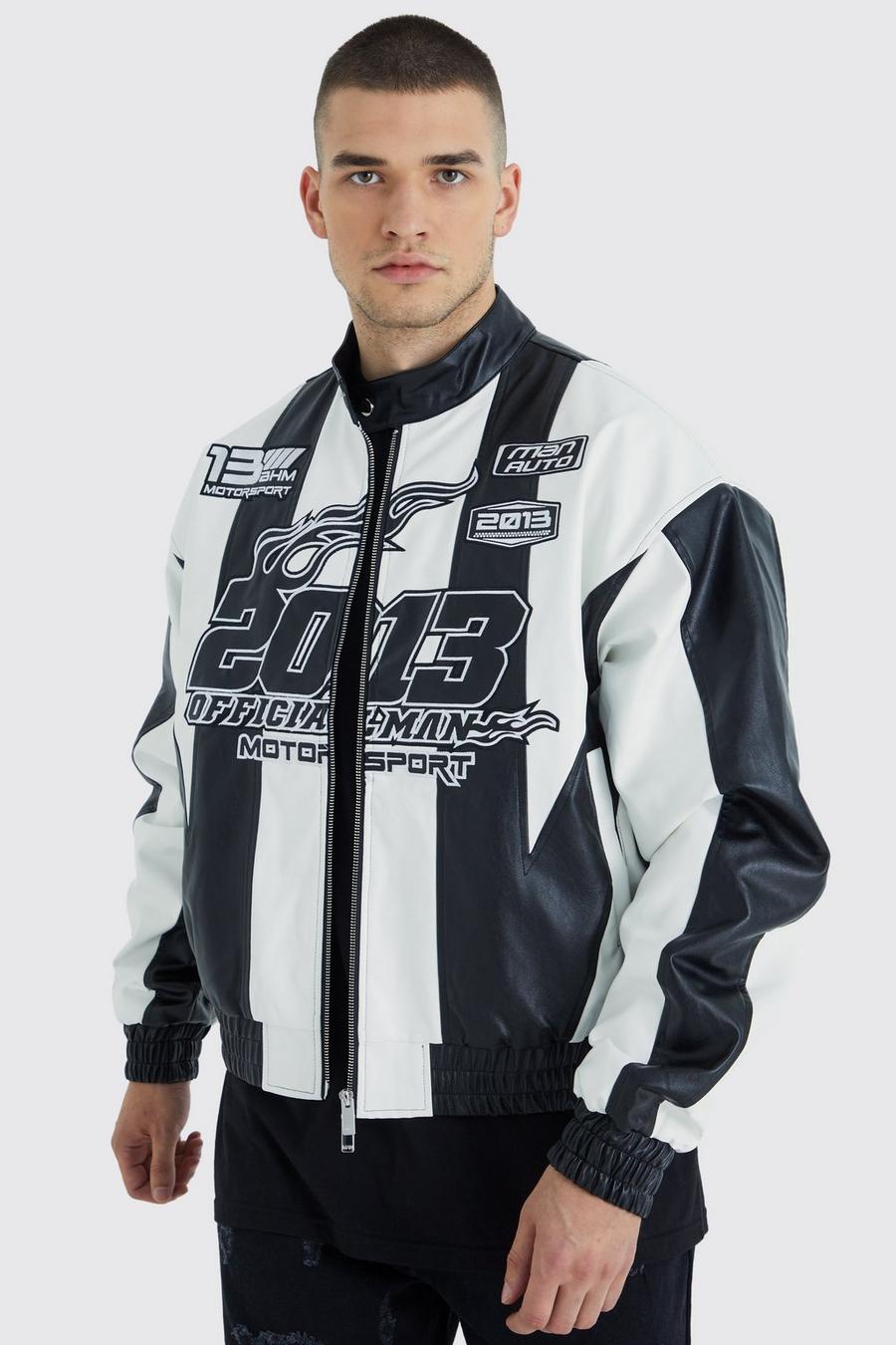 Tall kastige PU Moto-Jacke mit Applikation, Black image number 1
