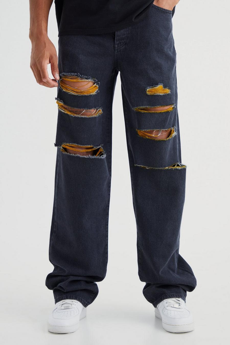 Tall lockere Kontrast-Jeans mit Rissen, Washed black image number 1