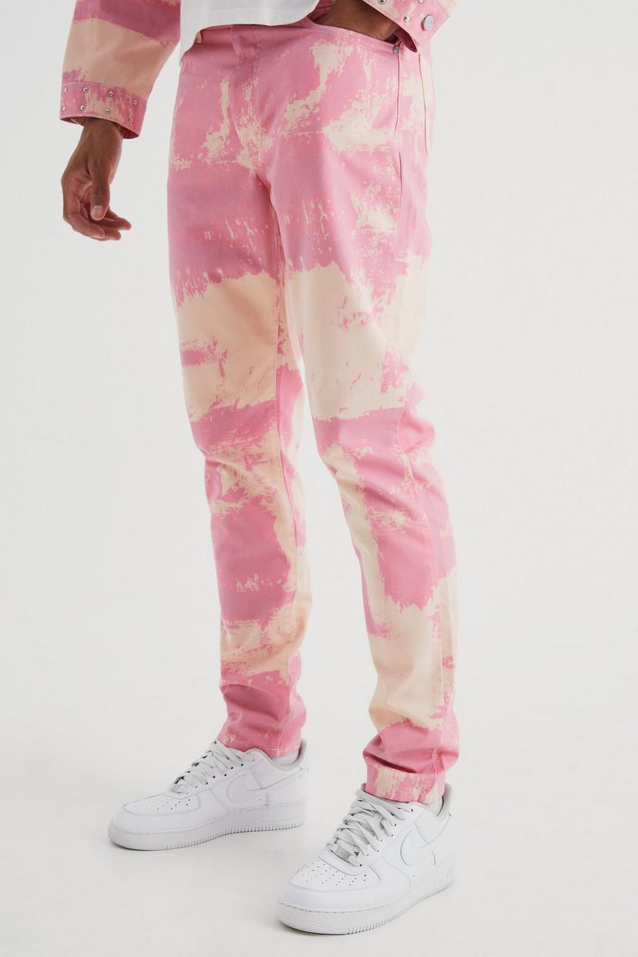 Jeans Tall Slim Fit in denim rigido candeggiati con inserti, Pink image number 1