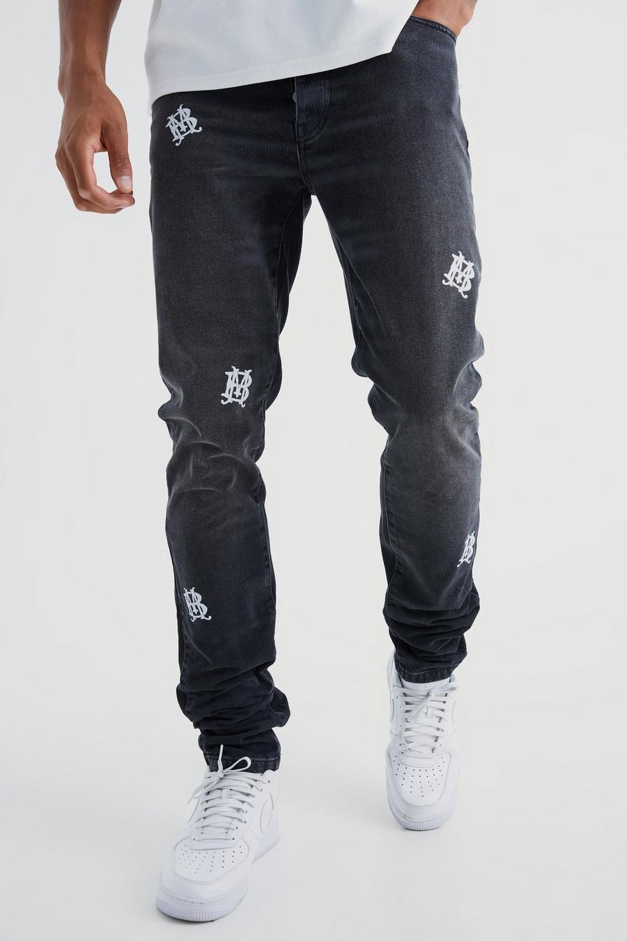Men's Tall Slim Rigid Stacked Embroidered Gusset Jeans | Boohoo UK