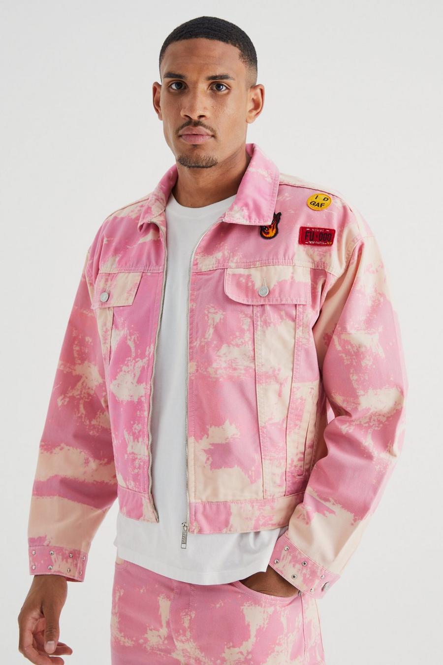 Pink Tall Boxy Fit Bleached Denim Jacket image number 1