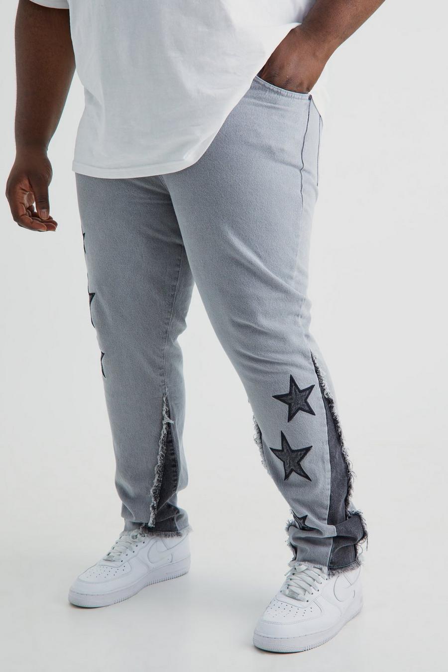 Grey gris Plus Onbewerkte Slim Fit Sterren Jeans Met Gusset Detail