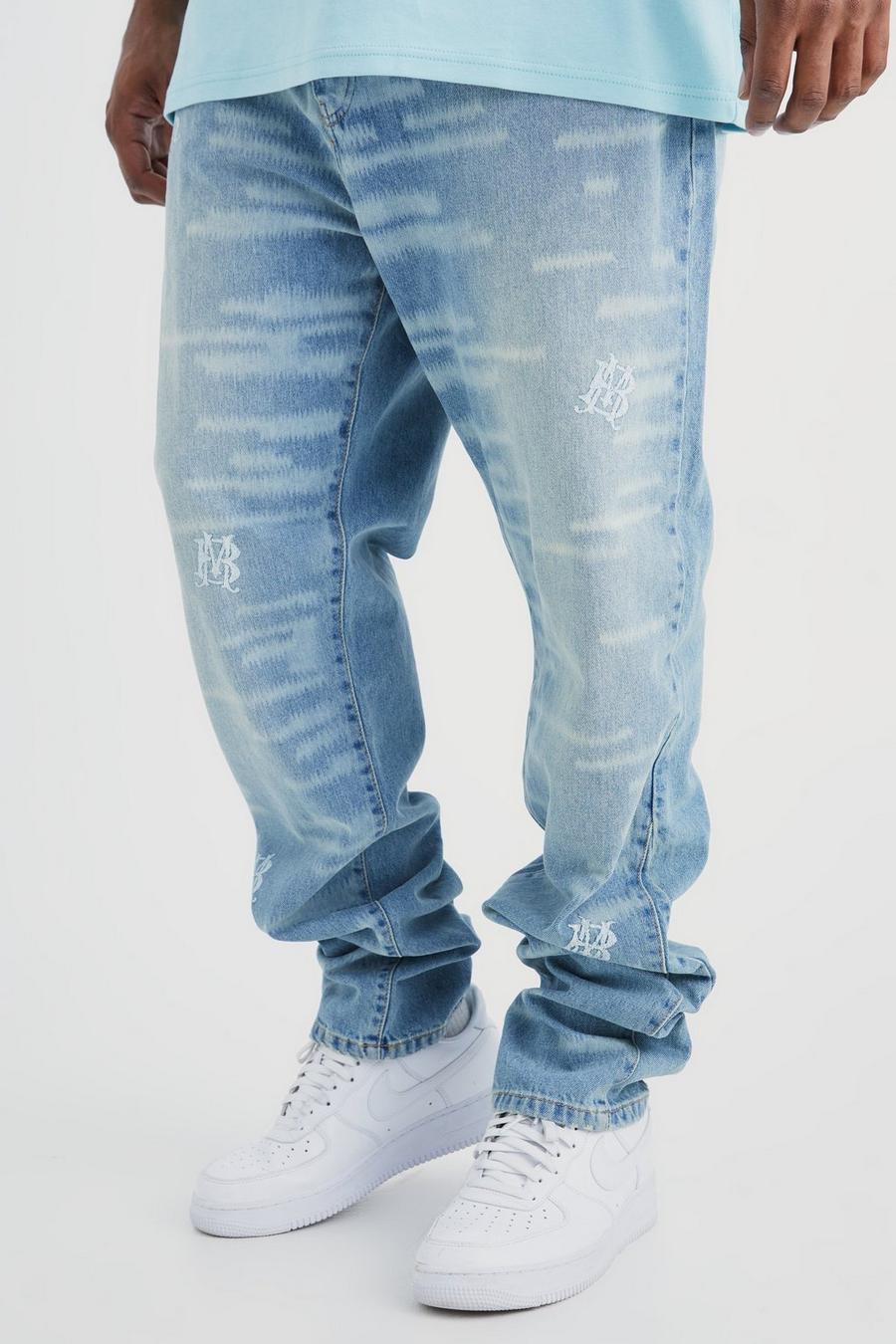 Antique wash blue Plus Onbewerkte Geborduurde Slim Fit Jeans Met Gusset