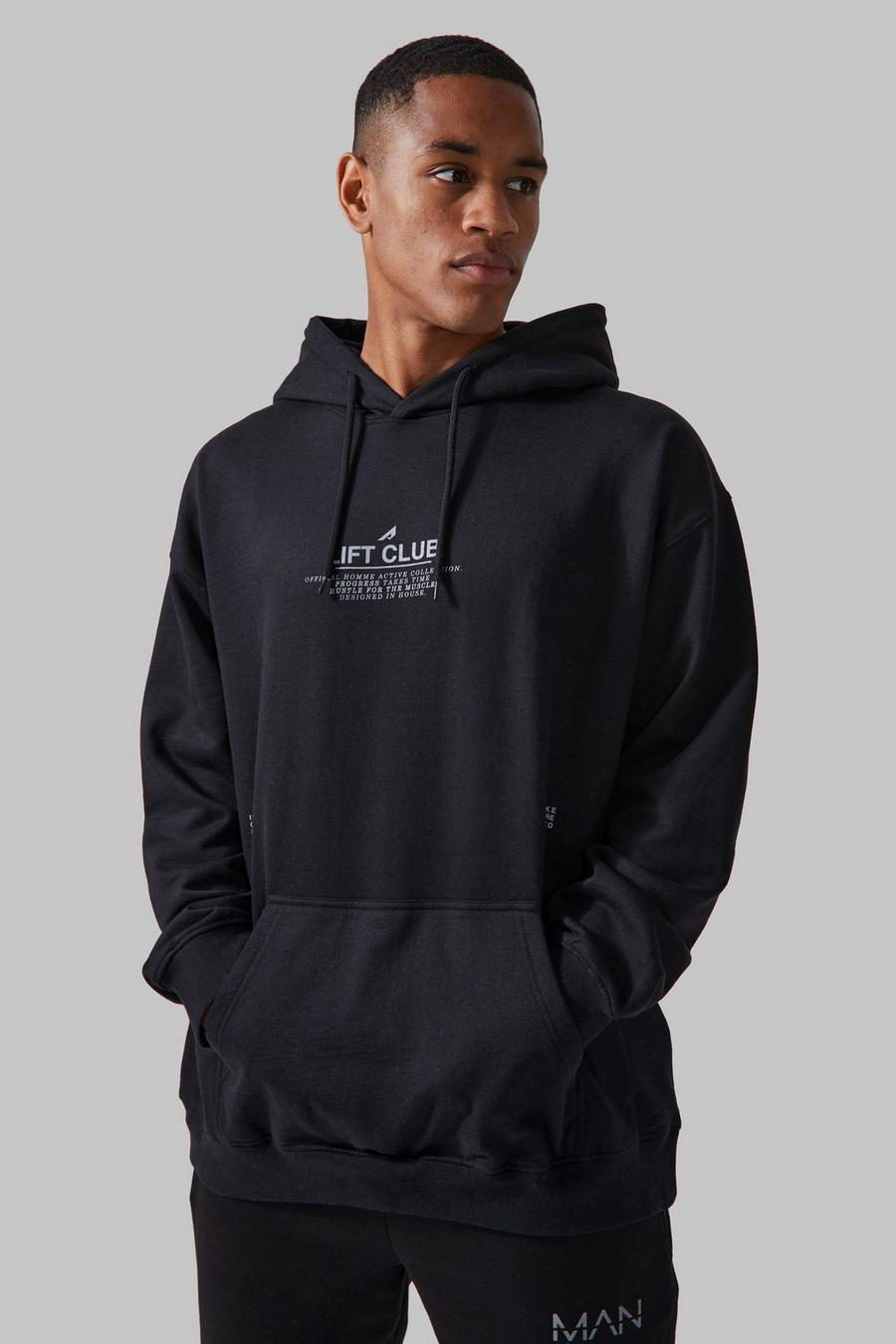 Black Active Lift Club Oversized Text Print Hoodie