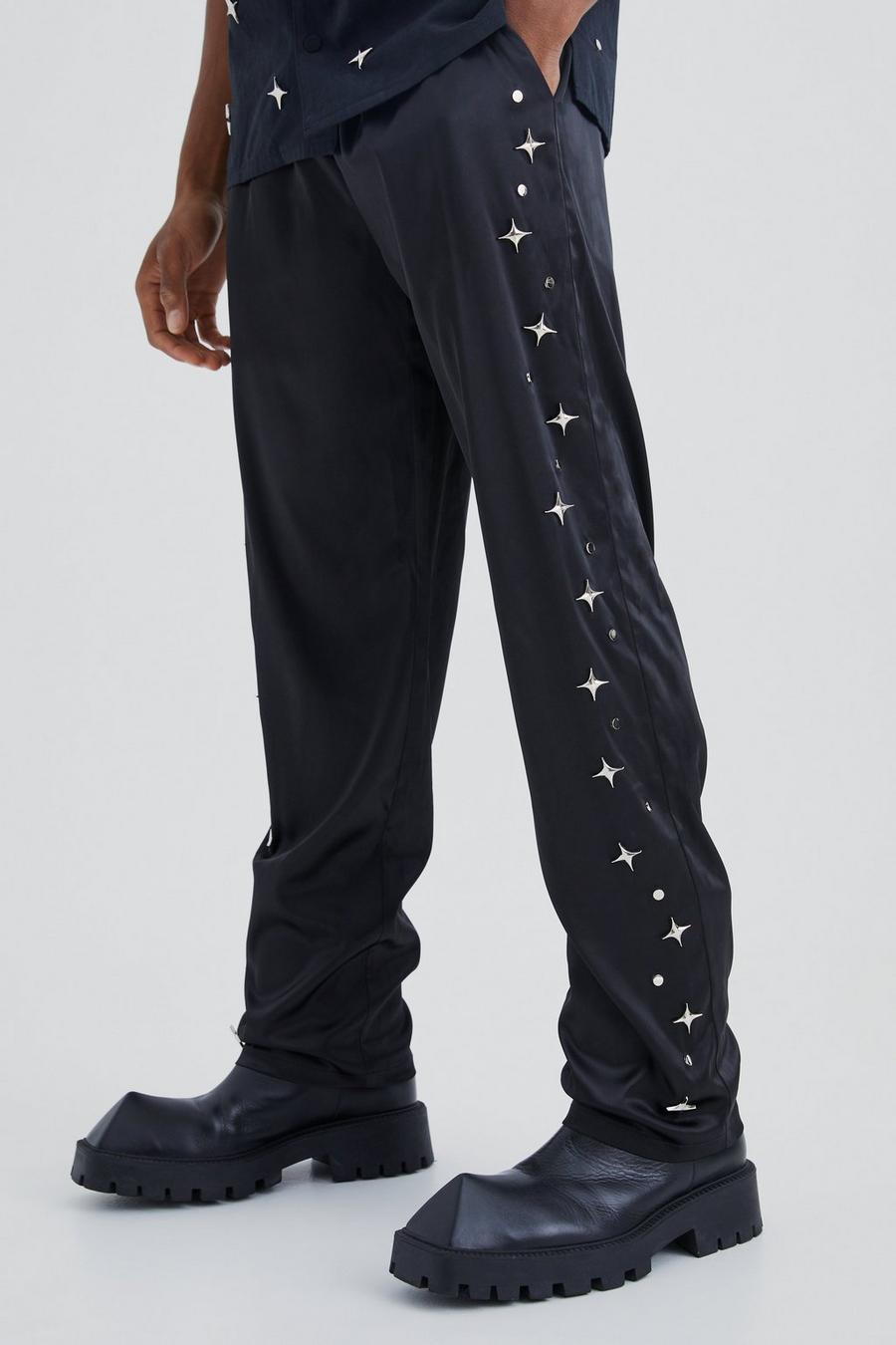 Pantaloni dritti in raso con decorazioni, Black image number 1