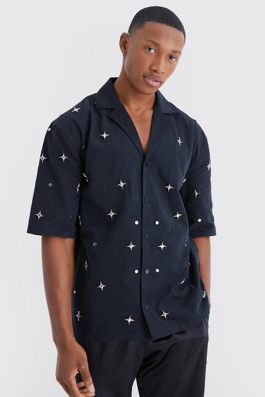 Black Peached Popin Embellished Dropped Revere Shirt