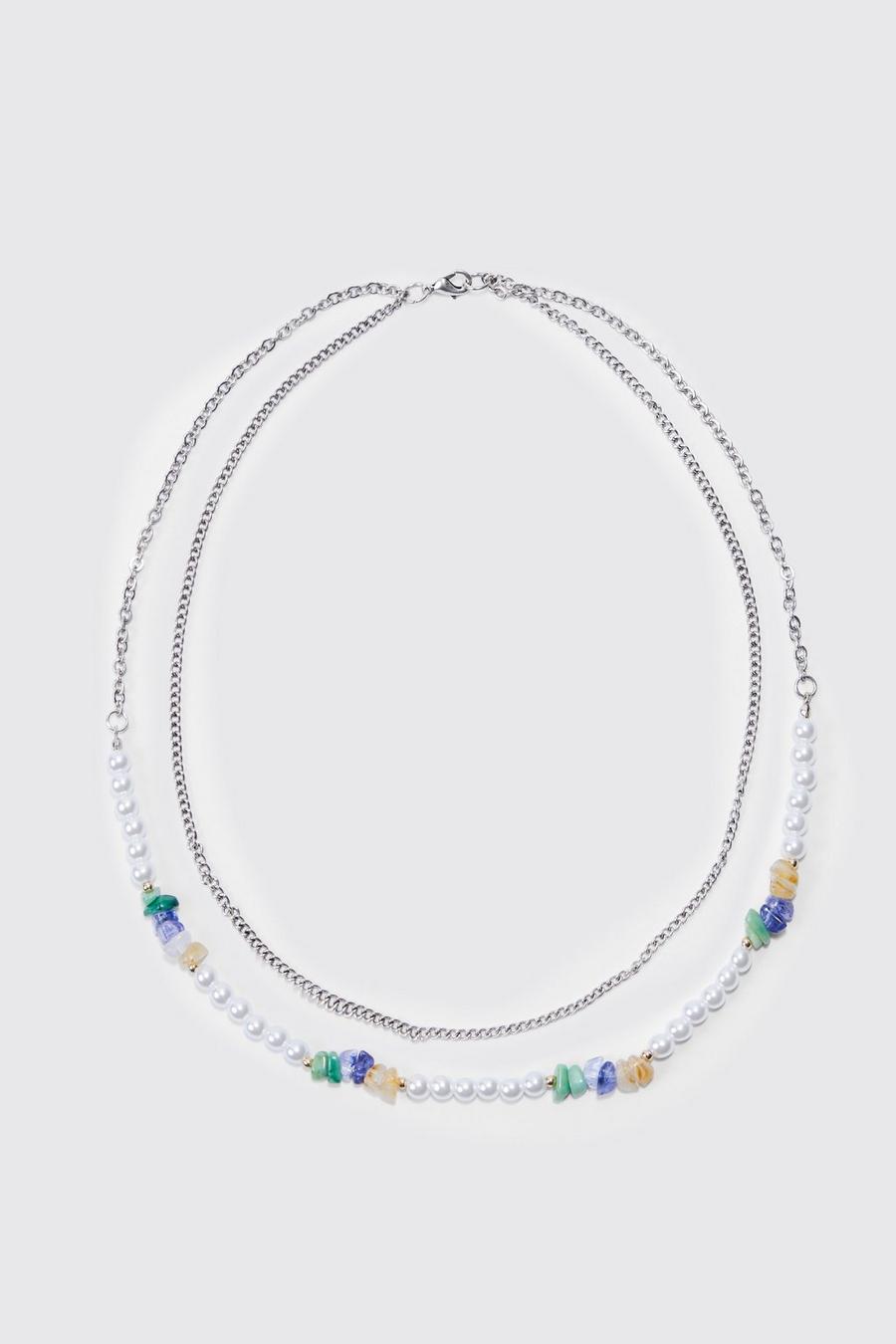 Mehrlagige Perlen-Halskette, Silver silber