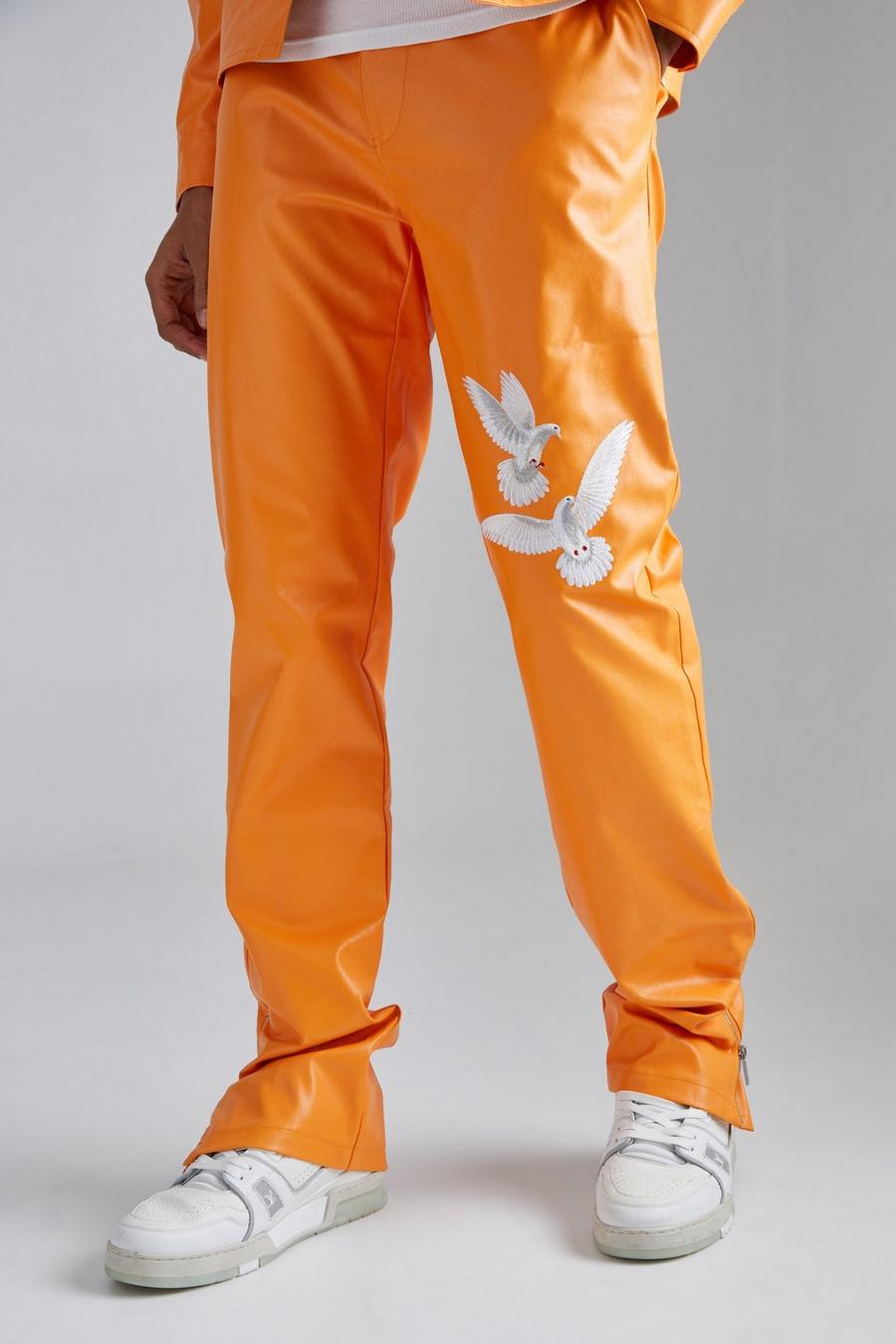 Orange Pu Stacked Straight Leg Zip Gusset Embroidered Trouser