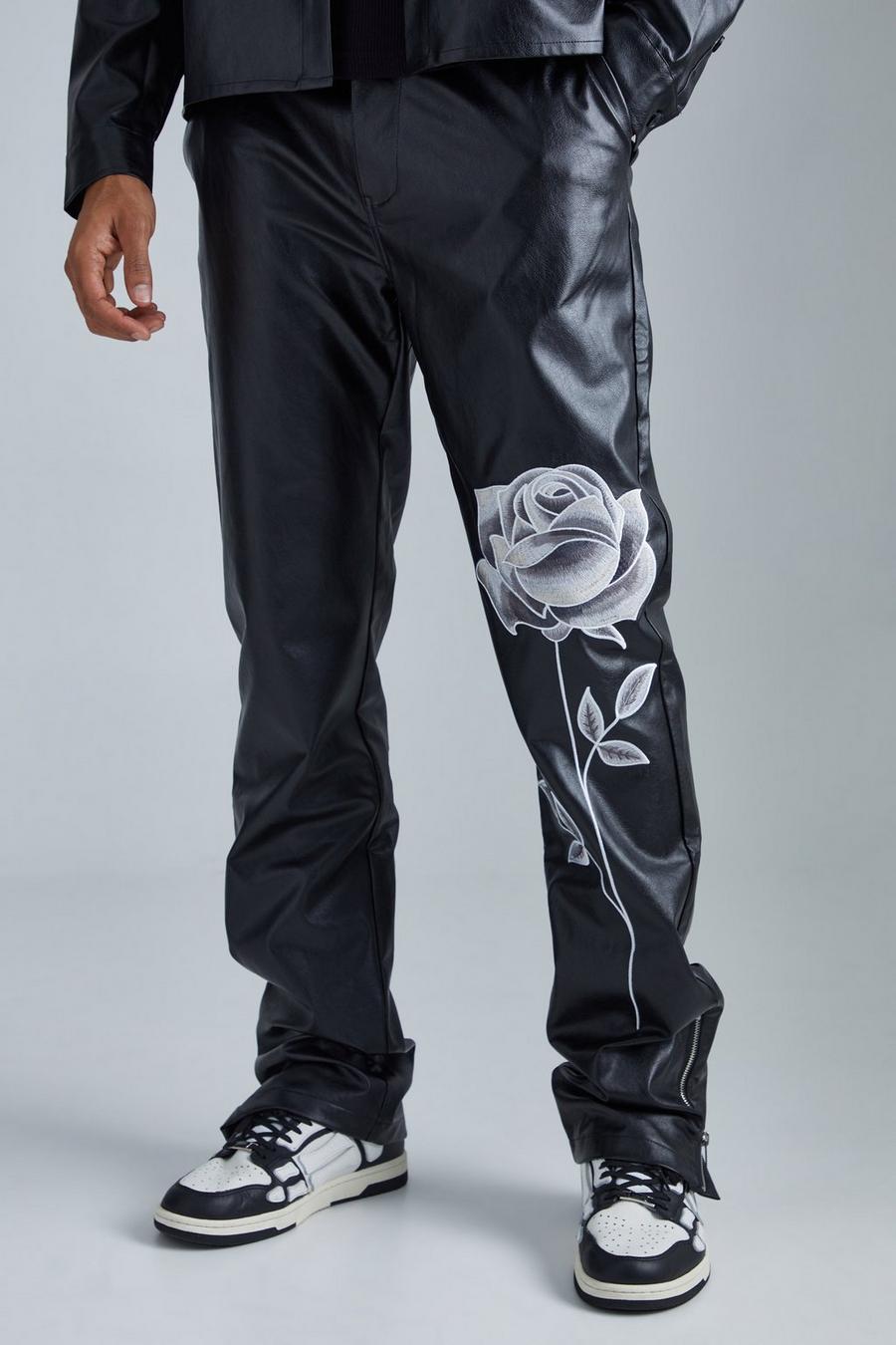 Black Pu Stacked Straight Leg Zip Gusset Embroidered Trouser
