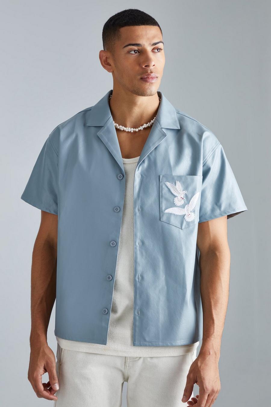 Slate blue Pu Short Sleeve Boxy Embroidered Shirt image number 1
