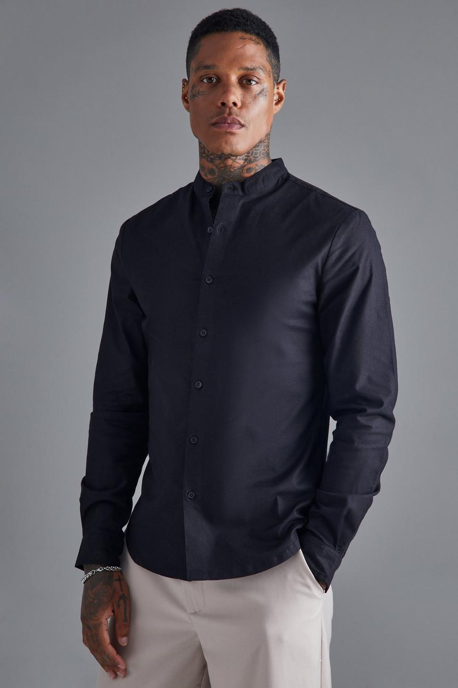 Langärmliges Slim-Fit Hemd mit Grandad-Kragen, Black noir