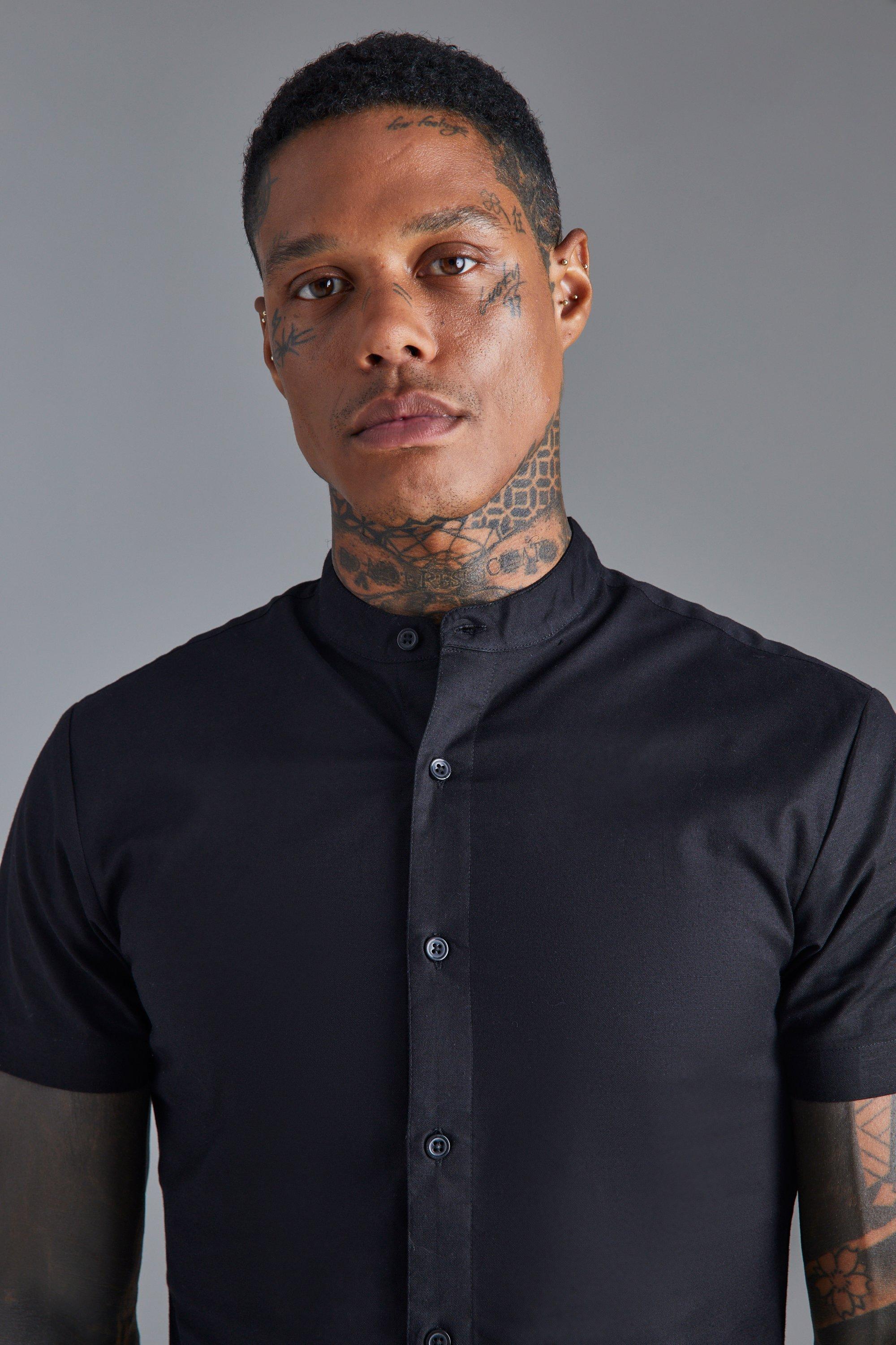 Short Sleeve Grandad Collar Compression Shirt boohoo NZ