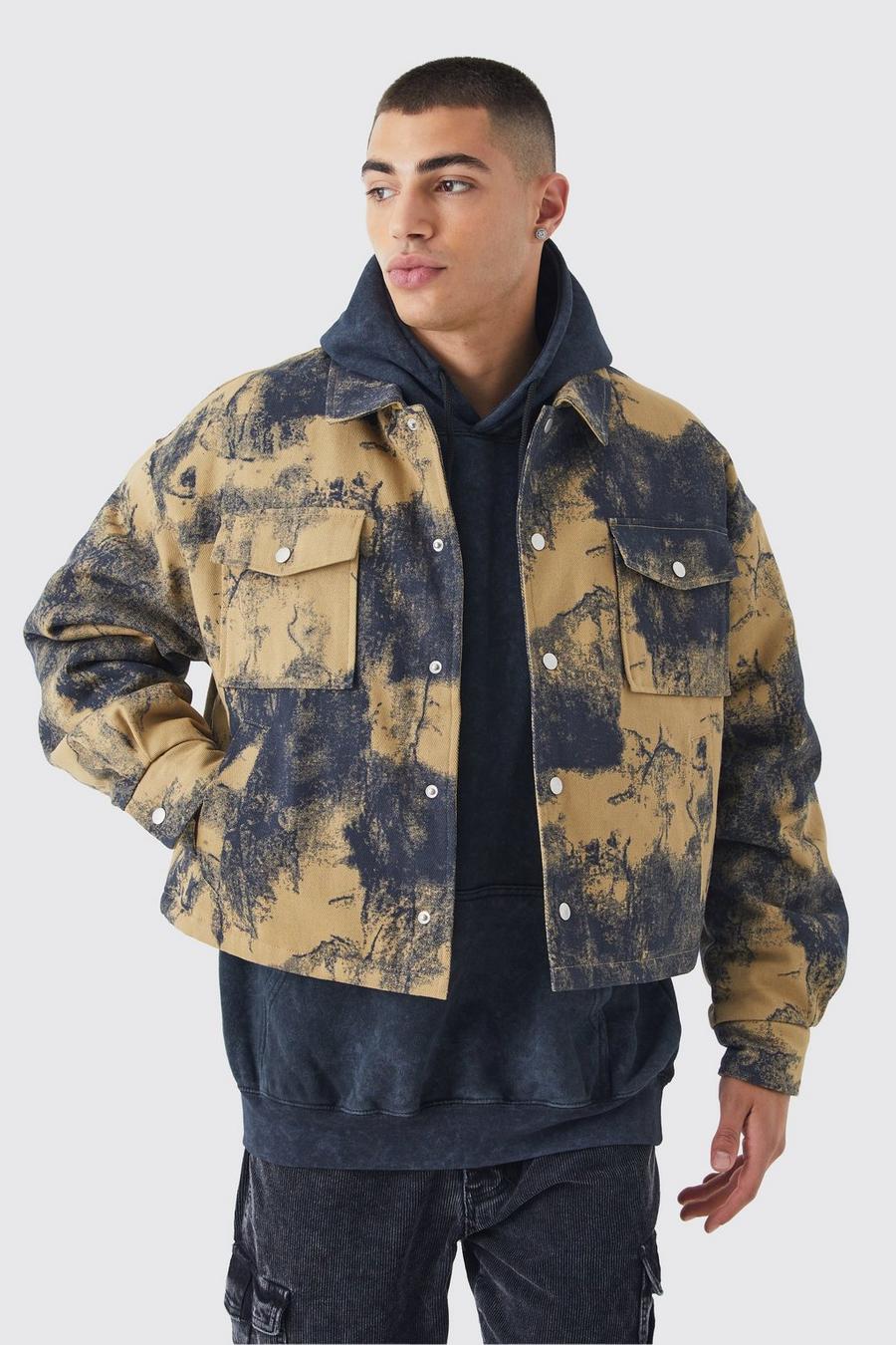 Beige Boxy Abstract Heavy Twill Camo Trucker image number 1
