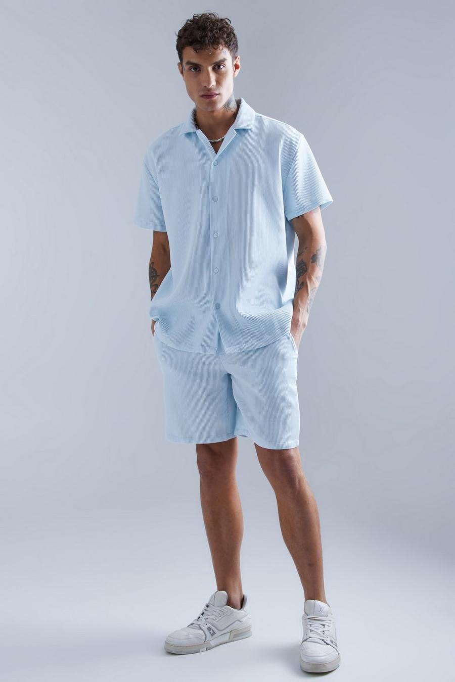 Grey blue Oversized Short Sleeve Pleated Shirt And Short