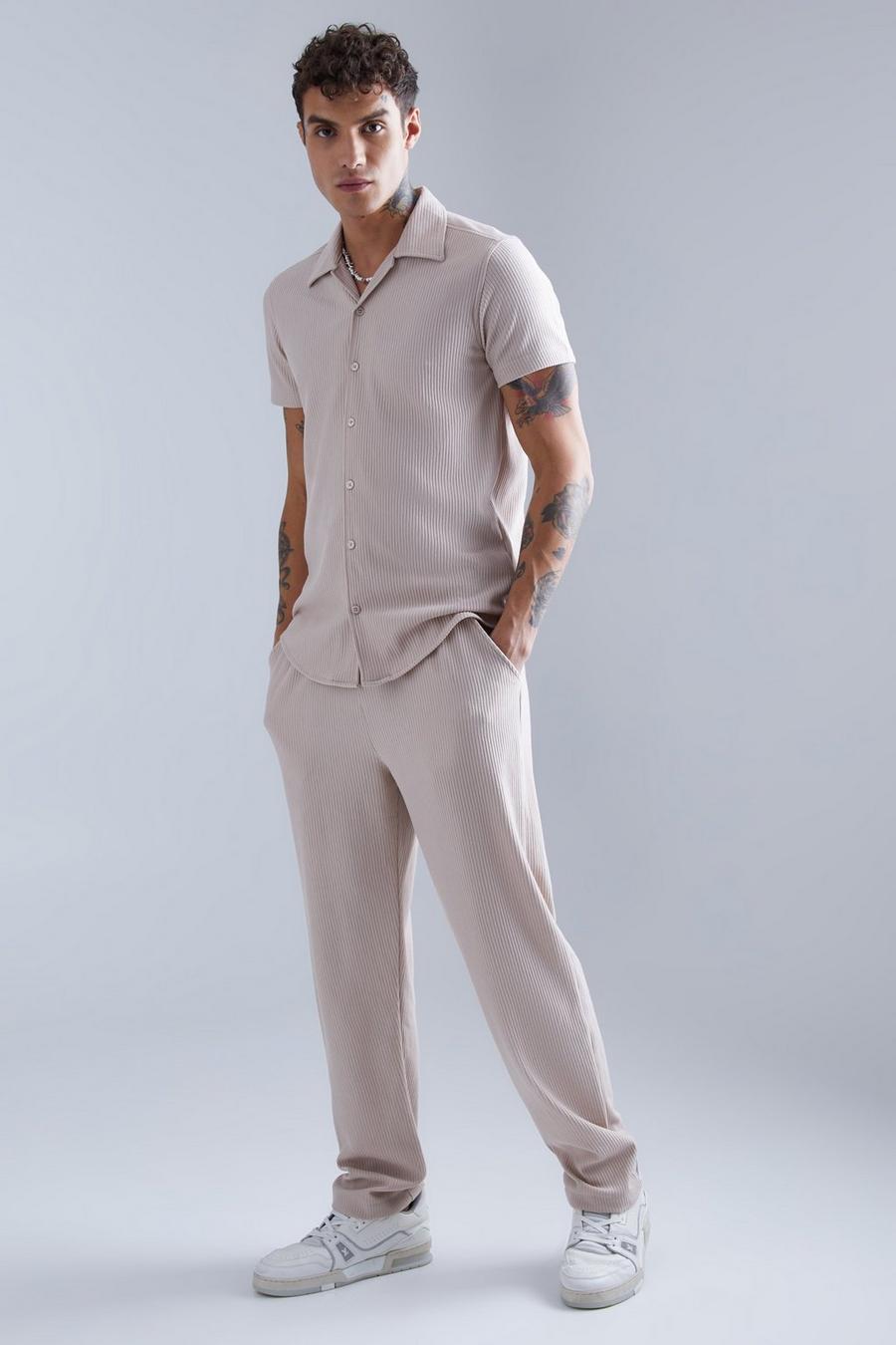 Stone Smart Revere Open Texture Shirt Miyake And Trouser Set image number 1
