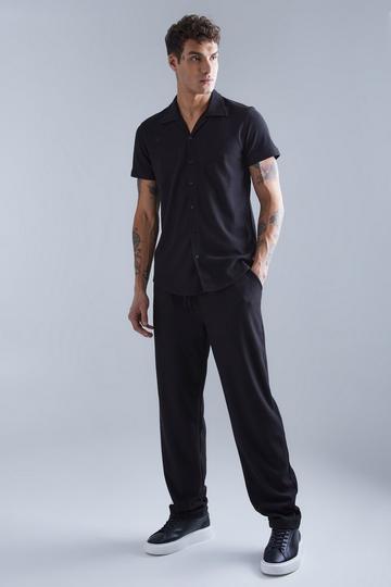 Black Smart Revere Open Texture Shirt And Pants Set