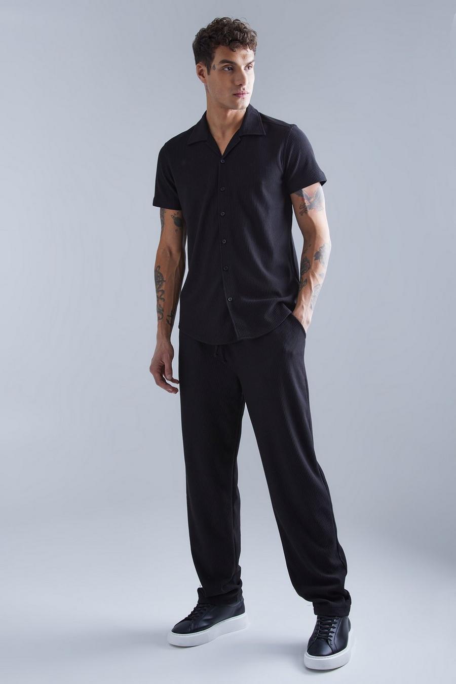 Black Smart Revere Open Texture Shirt And Trouser Set