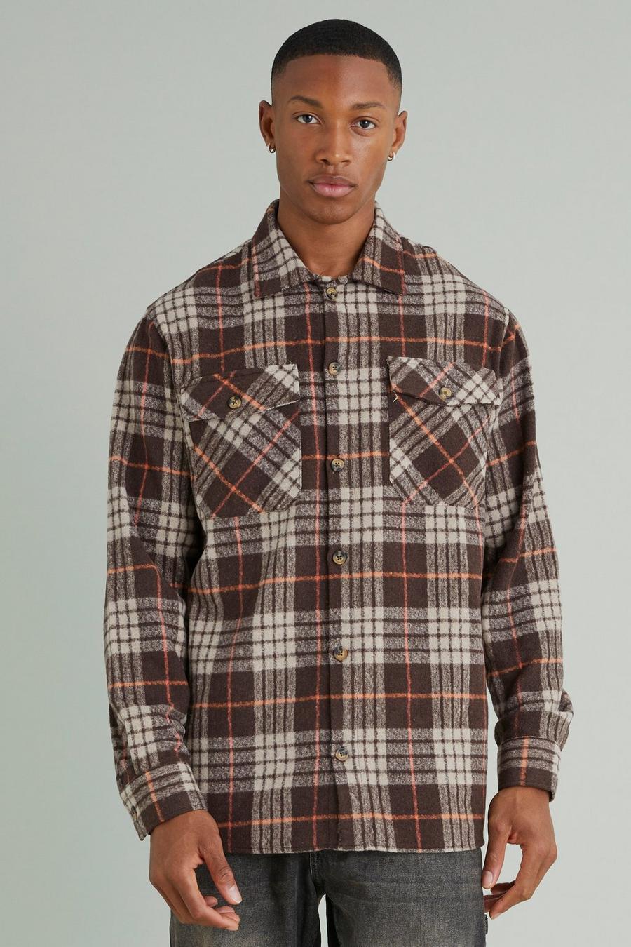 Chocolate Long Sleeve Brushed Flannel Check Shirt image number 1