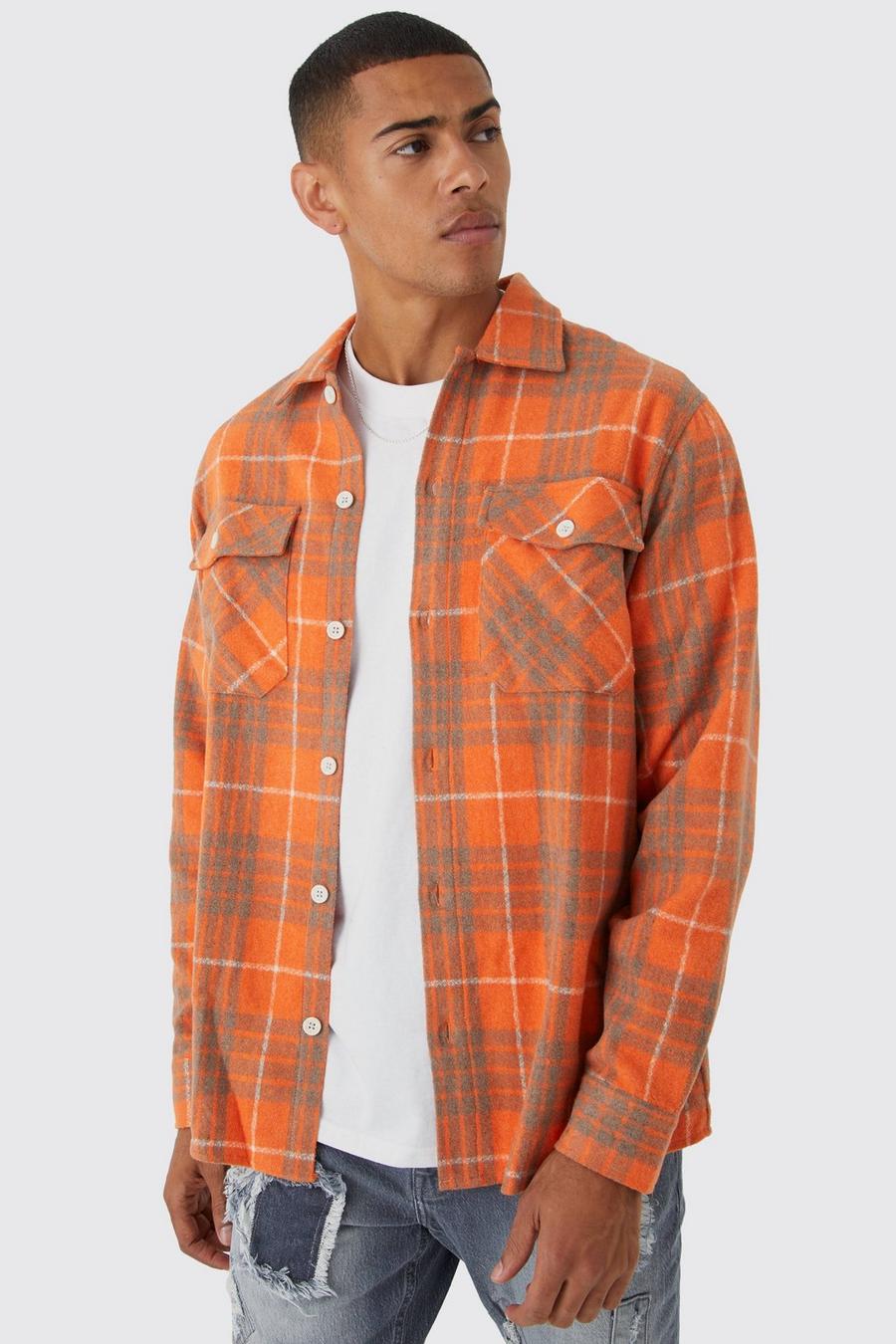 Camisa de manga larga y franela cardada con estampado de cuadros, Orange arancio