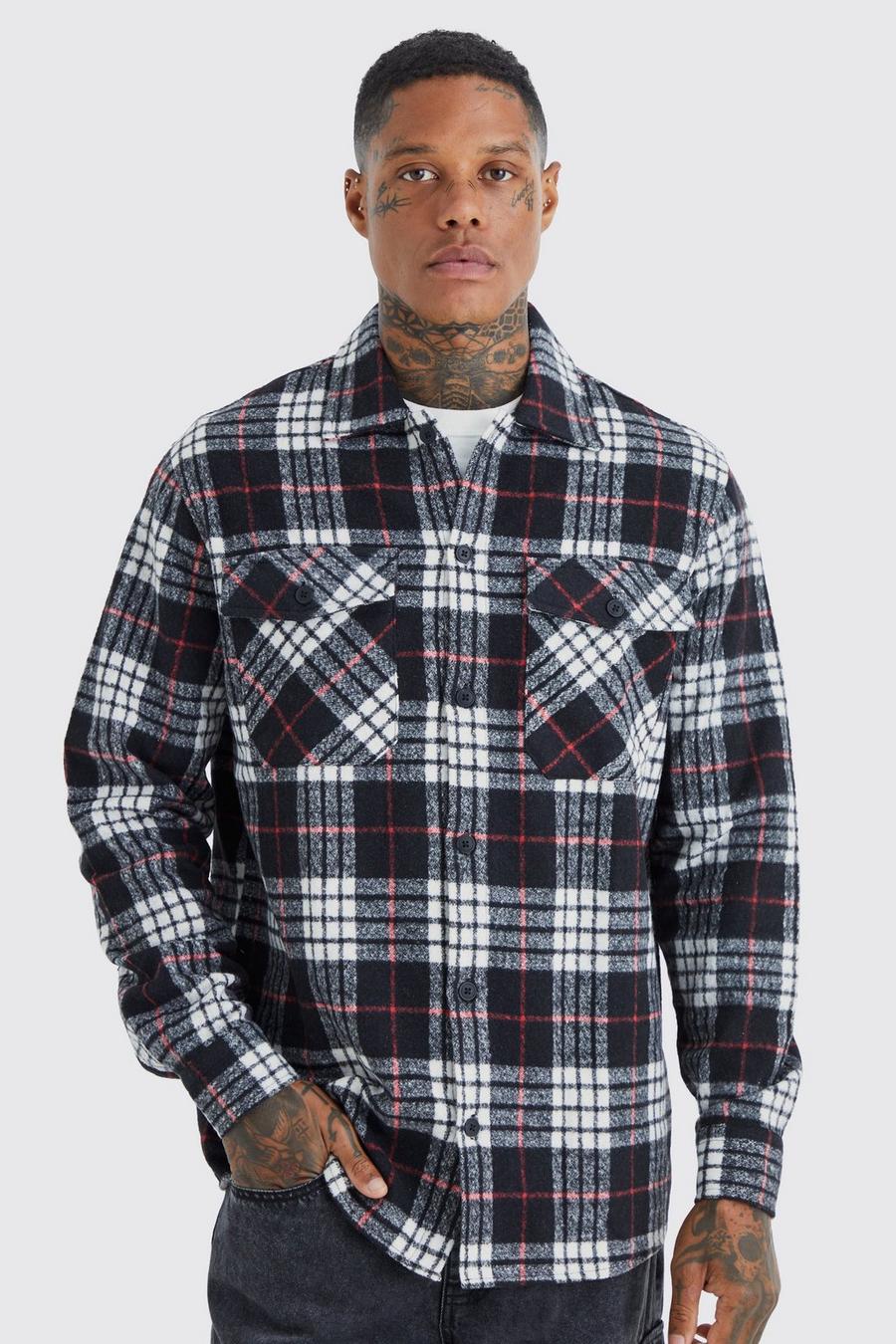 Black negro Long Sleeve Brushed Flannel Check Shirt 
