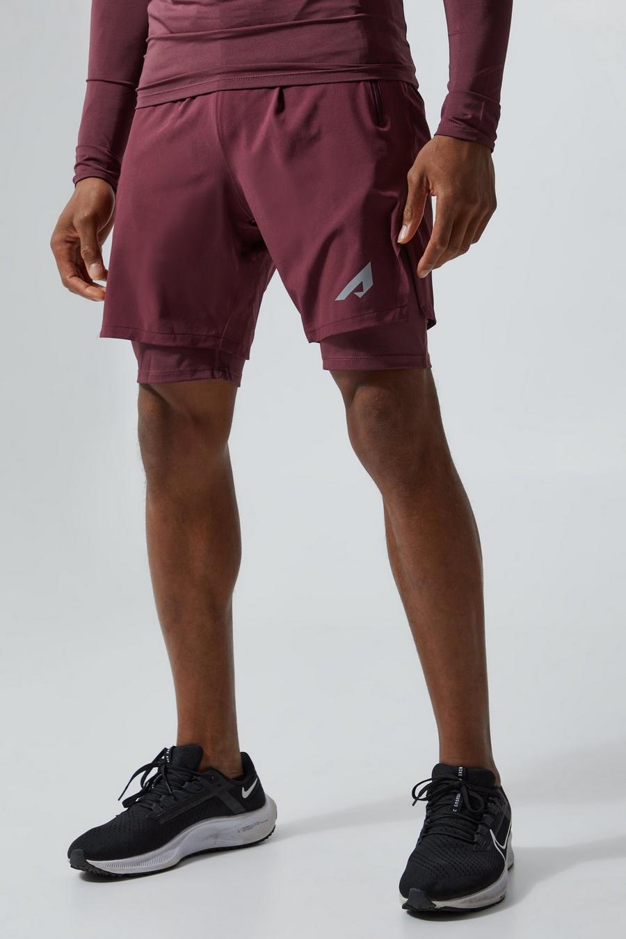 Maroon red Active 2 In 1 Reflective Shorts