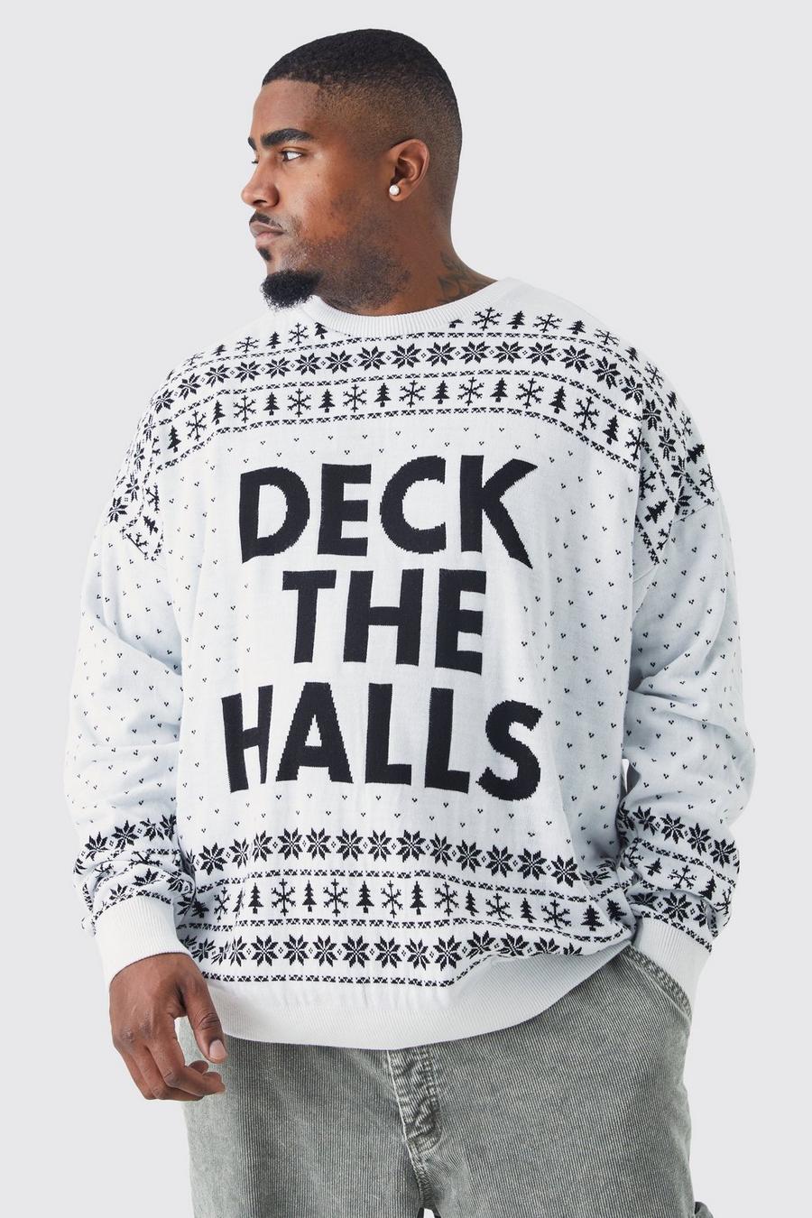 Plus Oversize Weihnachtspullover mit Deck The Halls Print, White