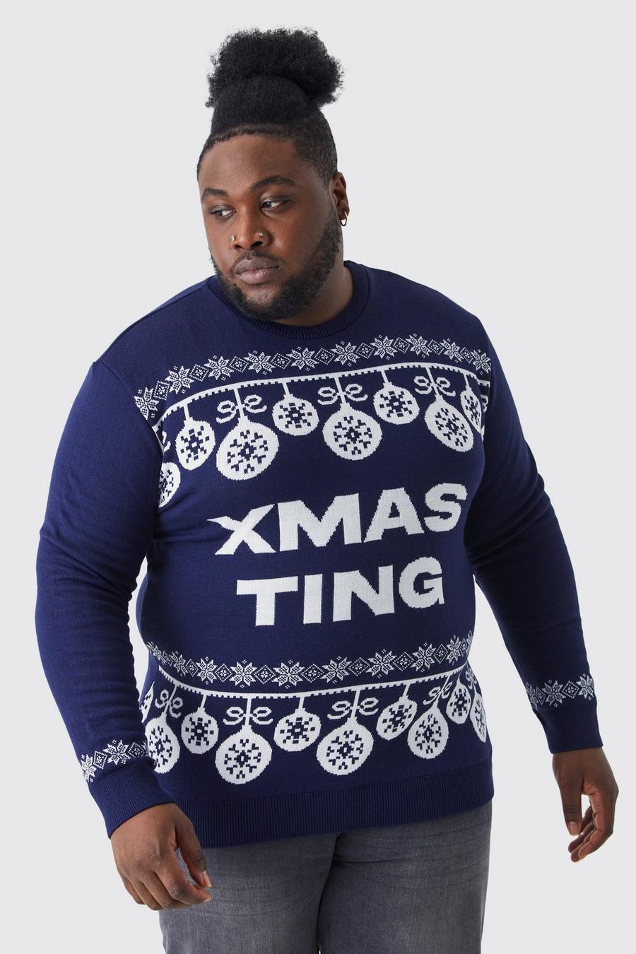 Maglione natalizio Plus Size con scritta Xmas Ting, Navy image number 1