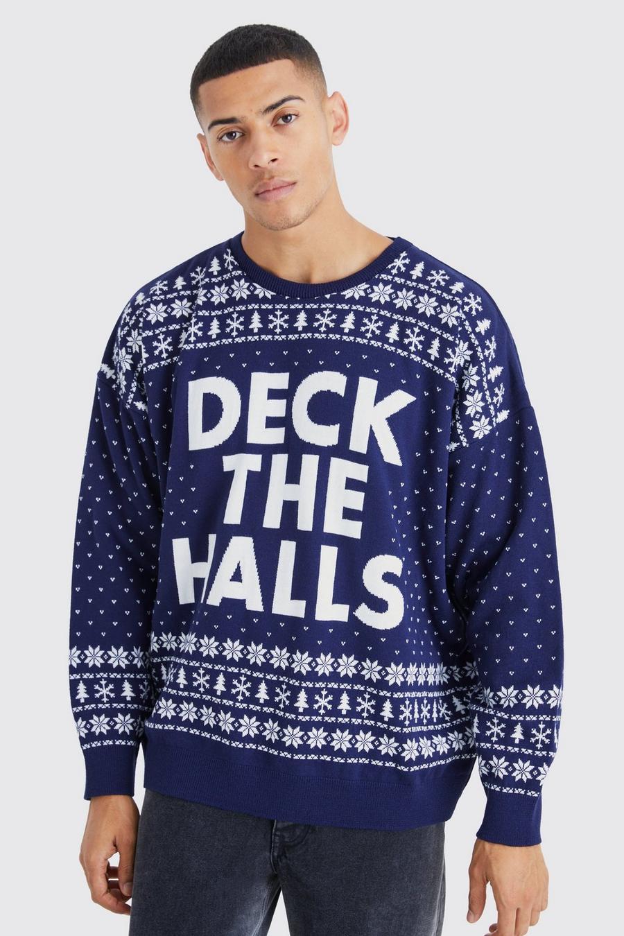 Oversize Weihnachtspullover mit Deck The Halls Print, Navy