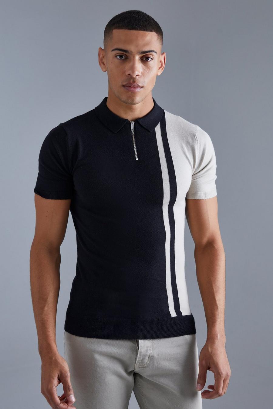 Kurzärmliges Muscle-Fit Colorblock Poloshirt, Black