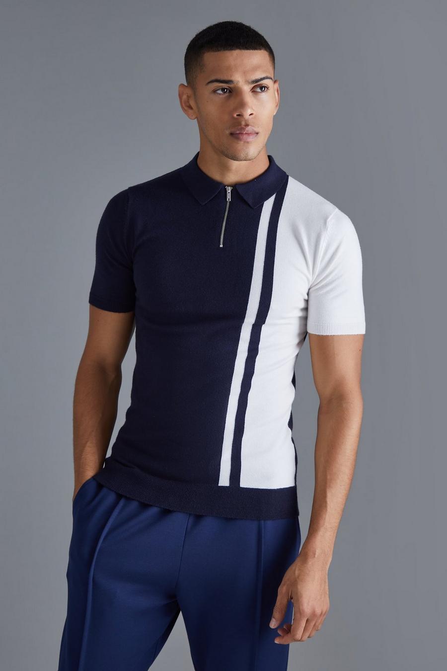 Navy Short Sleeve Muscle Fit Colour Block Polo image number 1