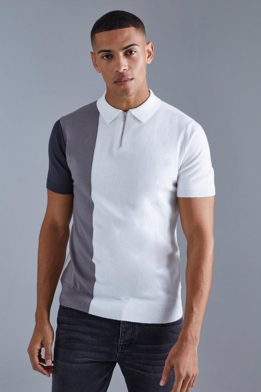 Kurzärmliges Colorblock Strick-Poloshirt mit halbem Reißverschluss, Grey