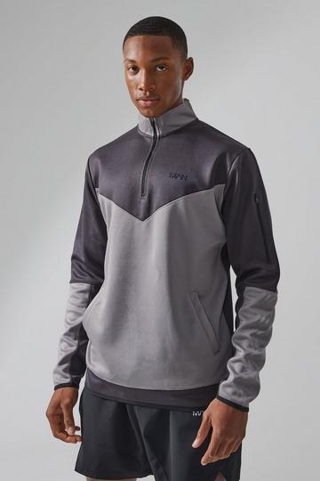 Charcoal Grey Active Color Block Funnel Neck Regular Fit 1/4 Zip