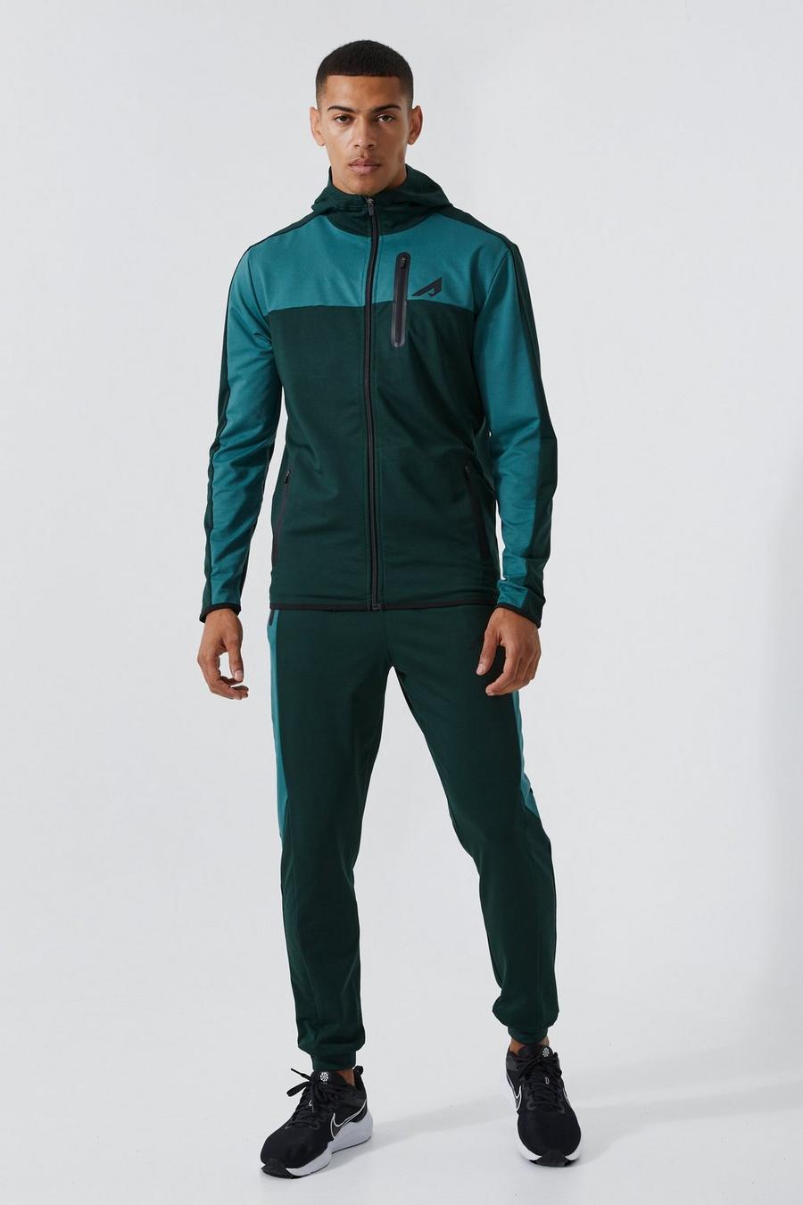 Men's Active Colour Block Funnel Hooded Tracksuit | Boohoo UK