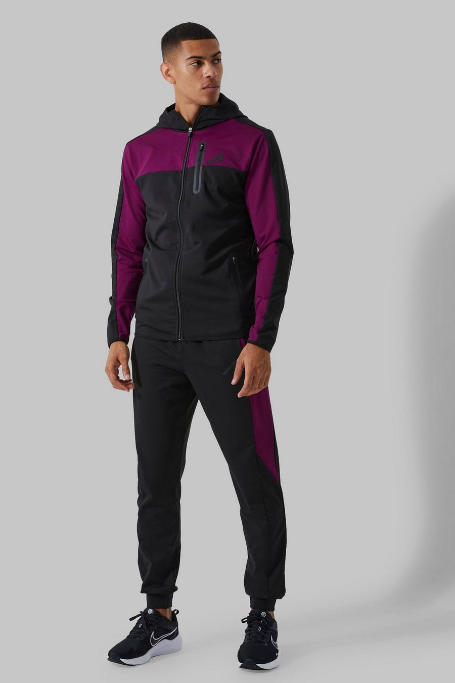 Active Colorblock Trainingsanzug mit Kapuze und Trichterkragen, Berry image number 1