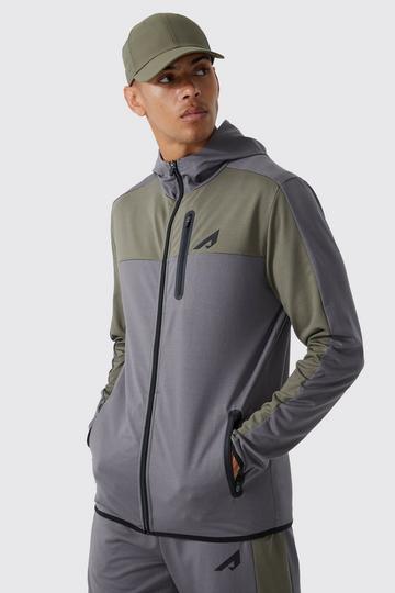 Active Zip Through Colour Block Funnel Slim Fit Hoodie khaki