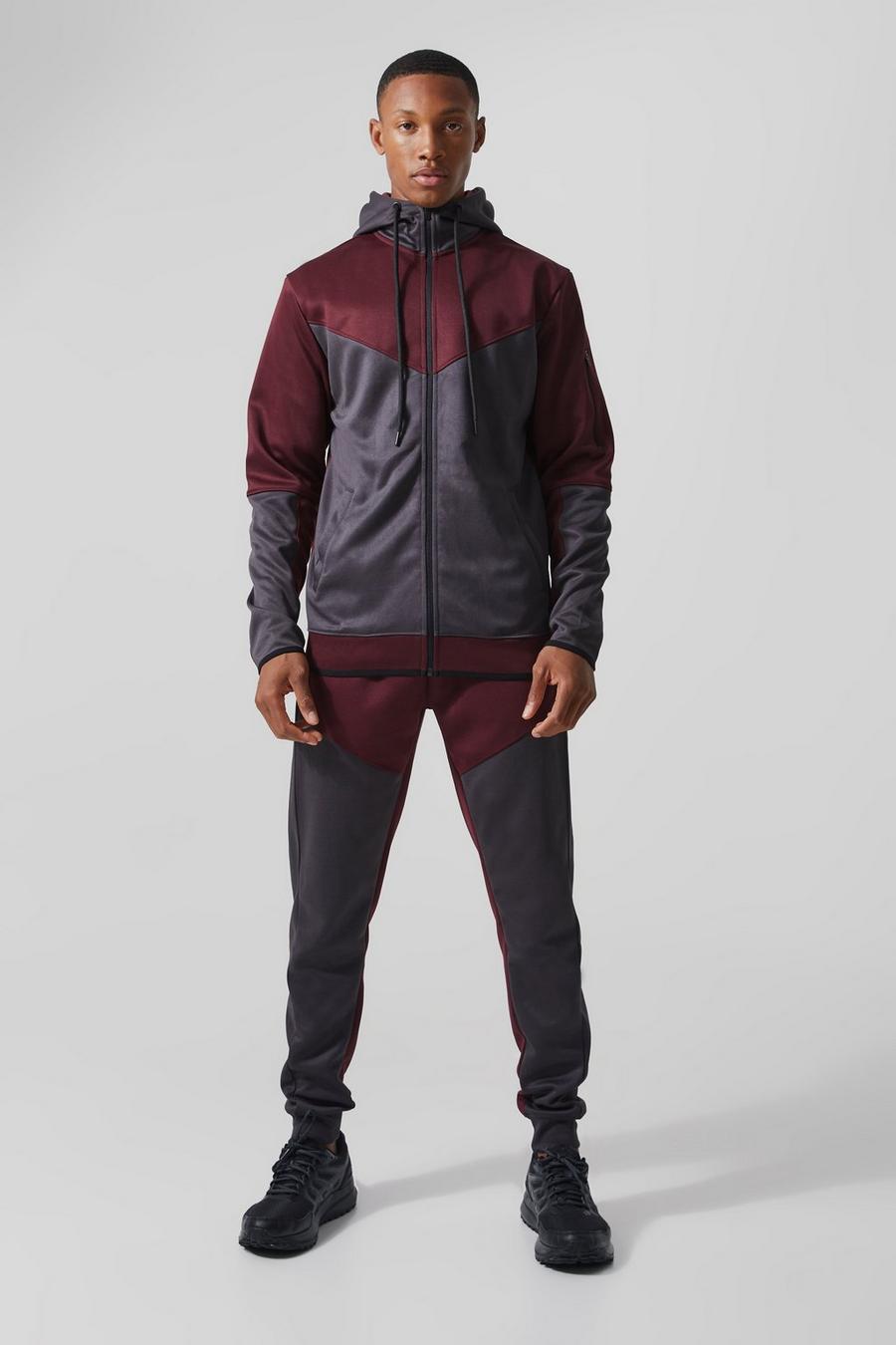 Berry Active Colour Block Funnel Hooded Tracksuit image number 1