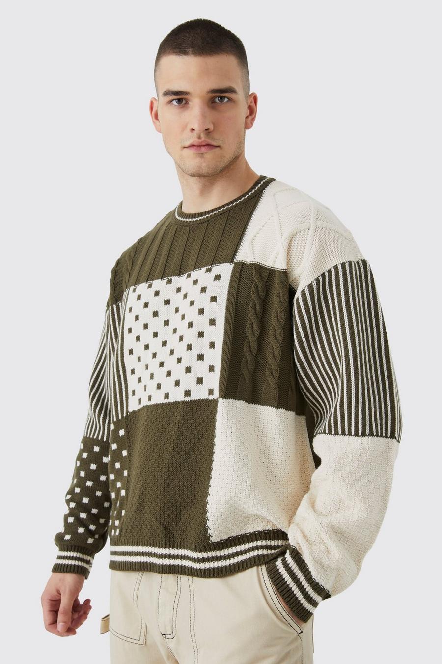 Khaki Tall Oversized Boxy Cable Checkerboard Jumper image number 1