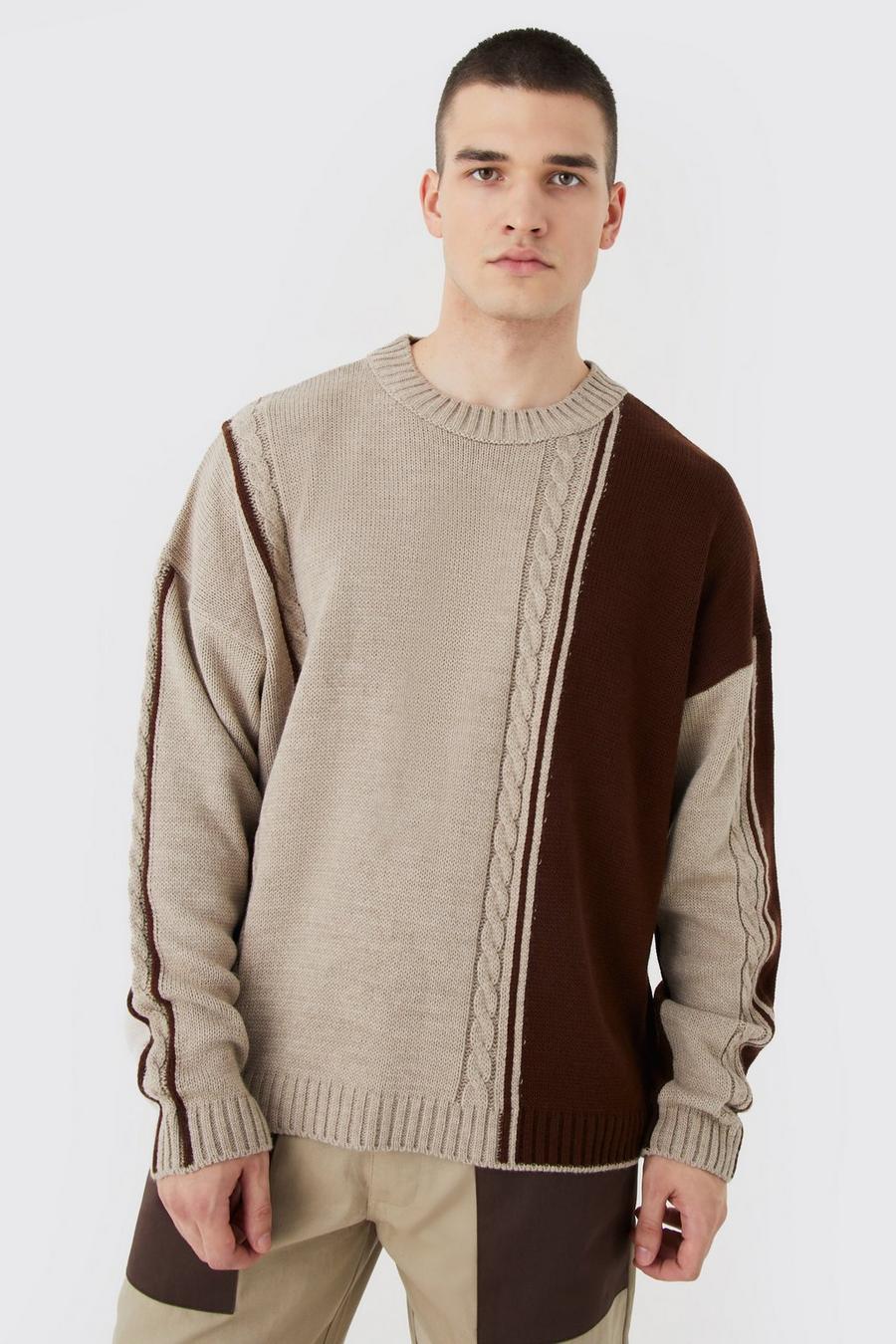 Brown Tall Oversized Boxy Cable Colour Block Jumper image number 1