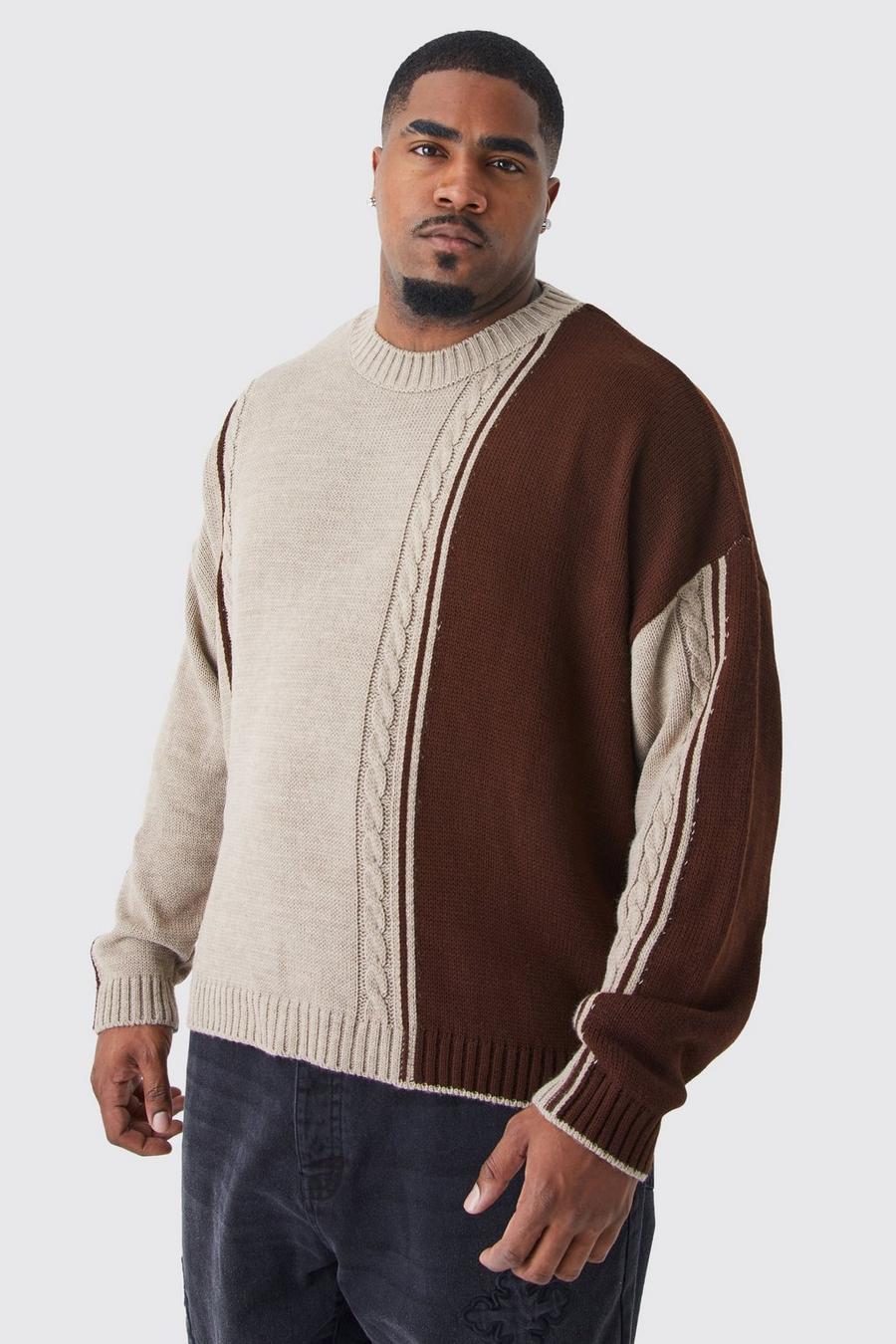 Brown Plus Oversized Boxy Cable Colour Block Jumper