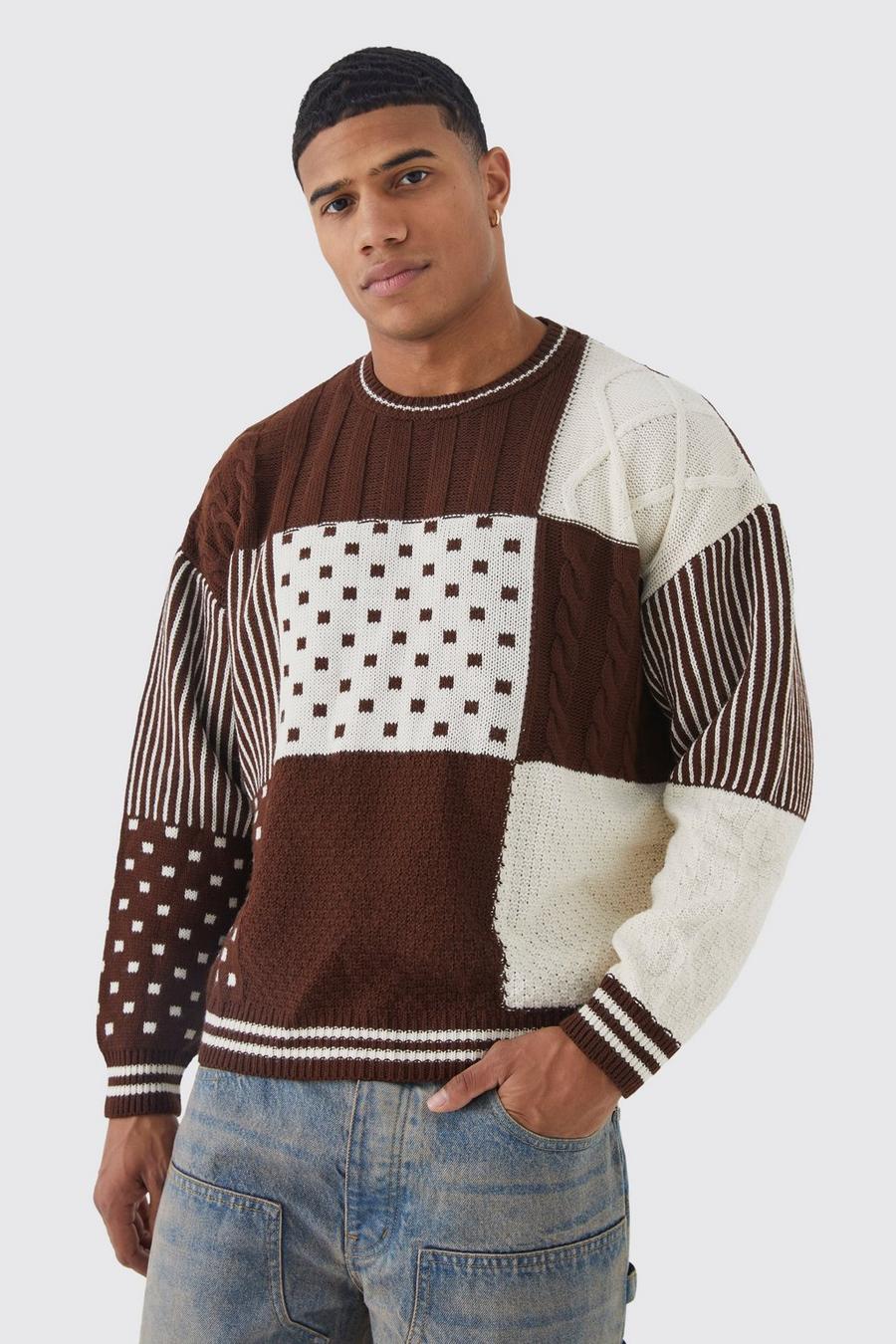 Maglione squadrato oversize in maglia intrecciata a scacchiera, Brown marrón